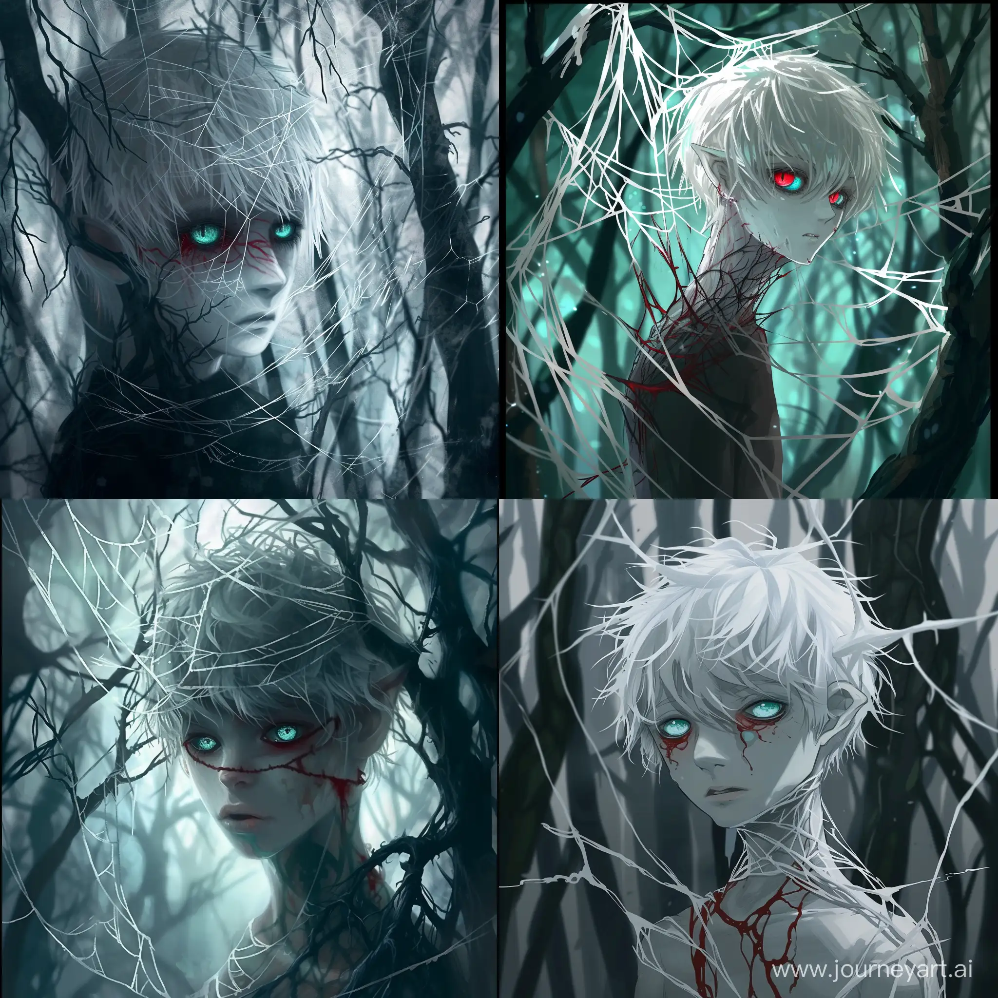 Dark-Fantasy-Anime-Art-Powerful-Demon-Boy-Weaving-Bloody-Threads-in-Forest-Canopy