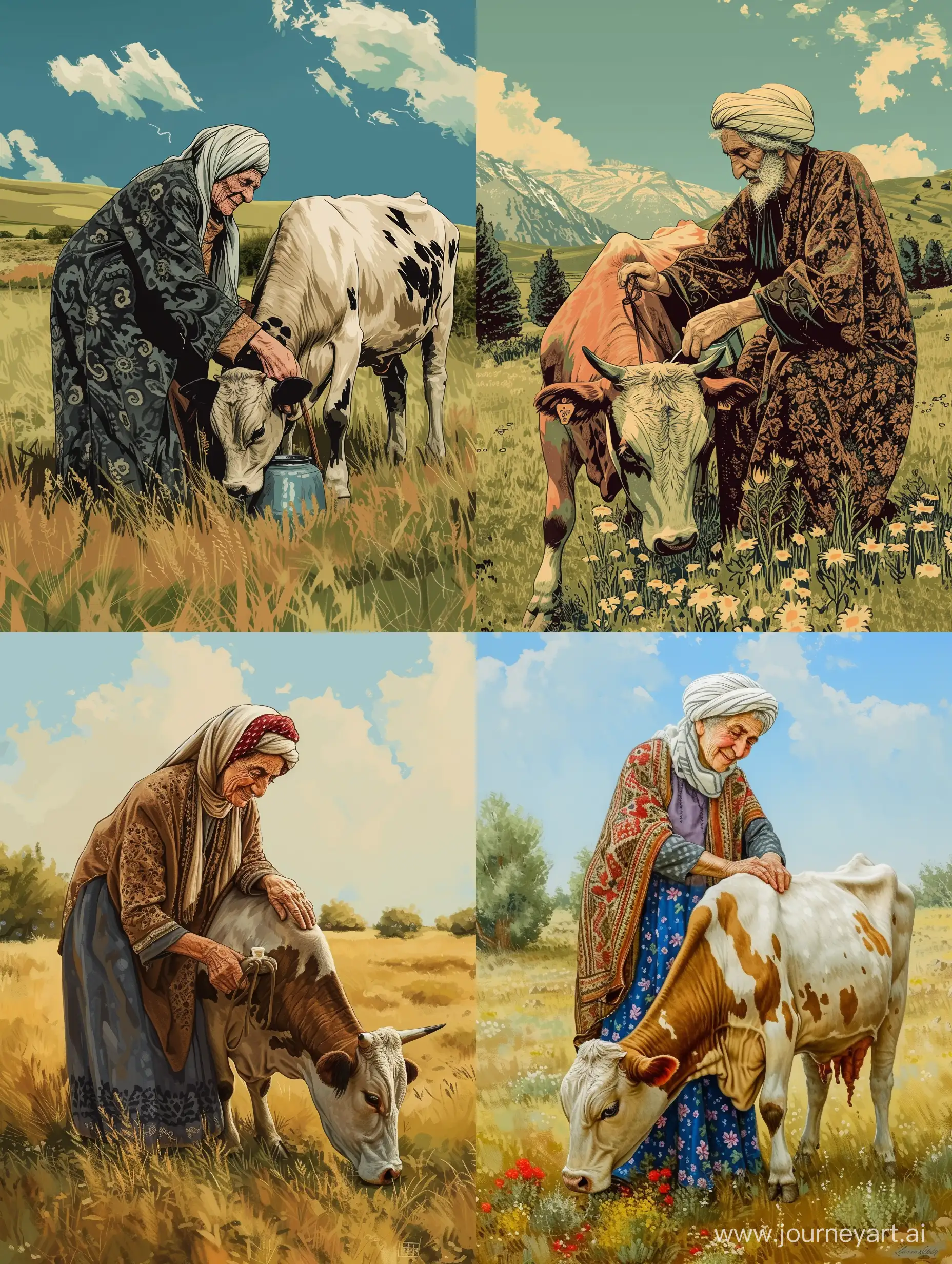 an iranian old woman in traditional clothing  milking a cow in the middle of a field in old style illustration, detailed, cs 5:7, 