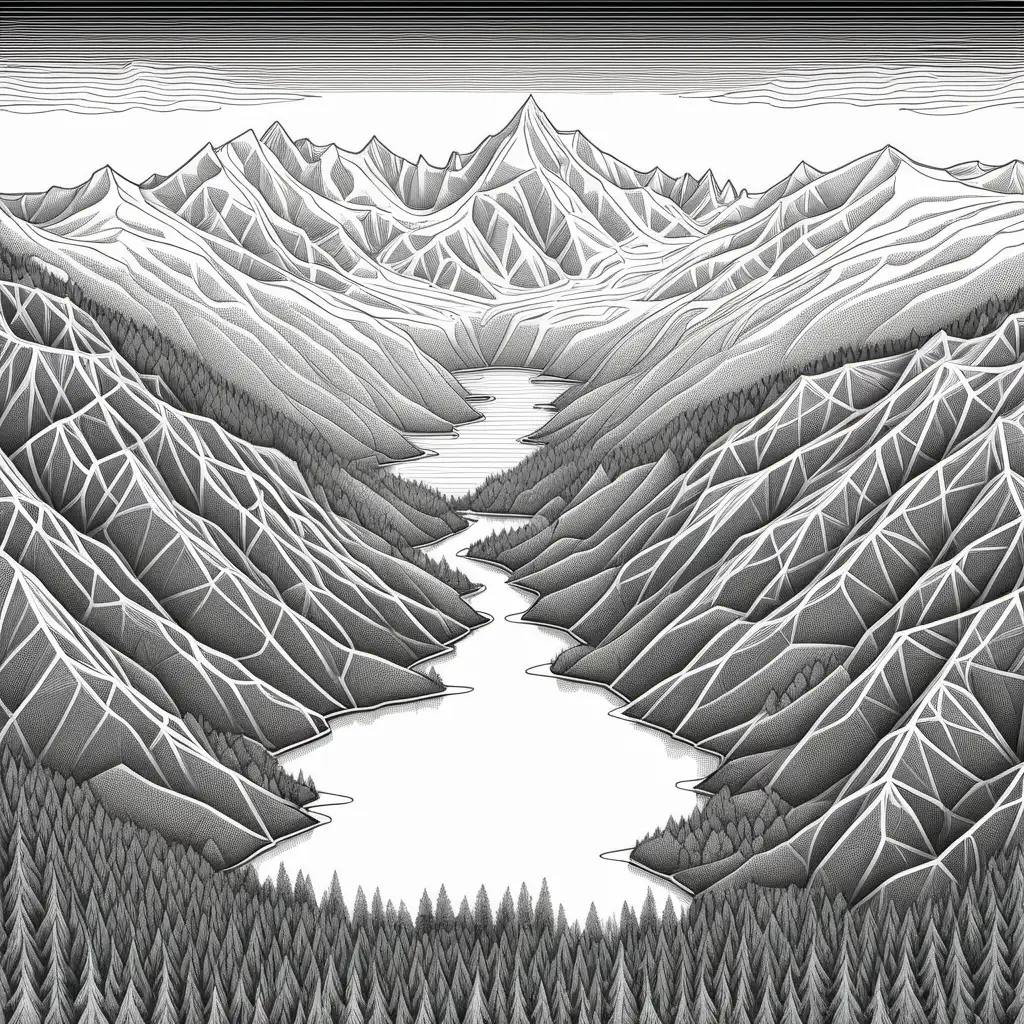 black and white, mountain range with forest and lake below in front of it, every line connected within a box