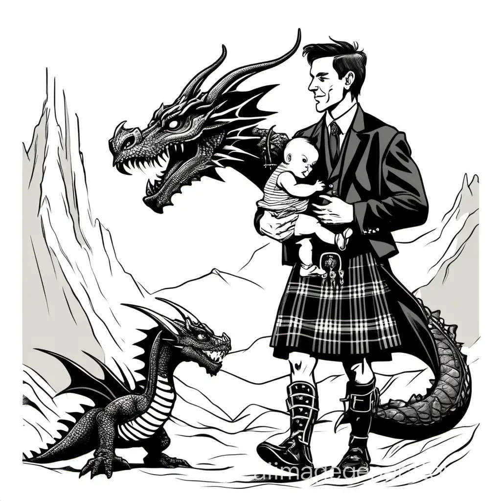a scotman in a kilt, holding a baby while walking a dragon