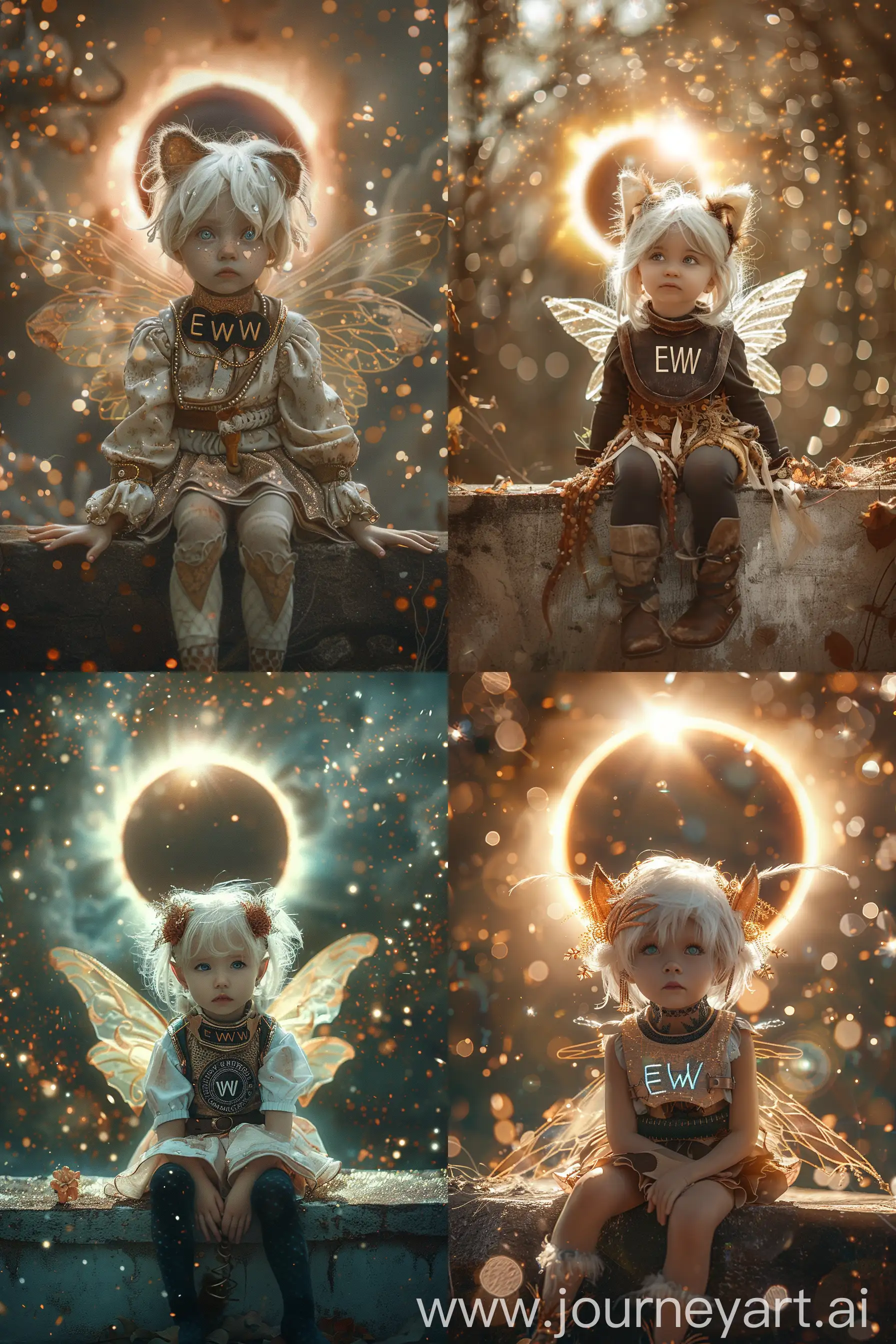 surreal photograph from a fantasy story, where a cute little girl with white hair and a collar with the inscripting "EWW" sits on a wall with fairy wings, Everything is a fantasy atmosphere , in the background is a total solar eclipse, surrounded by shimmering particles. bright light, --ar 2:3 --stylize 250 --style raw