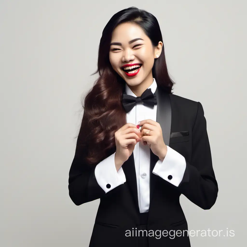 smiling and laughing Vietnamese woman with long hair and lipstick wearing a tuxedo with a black bow tie, cufflinks