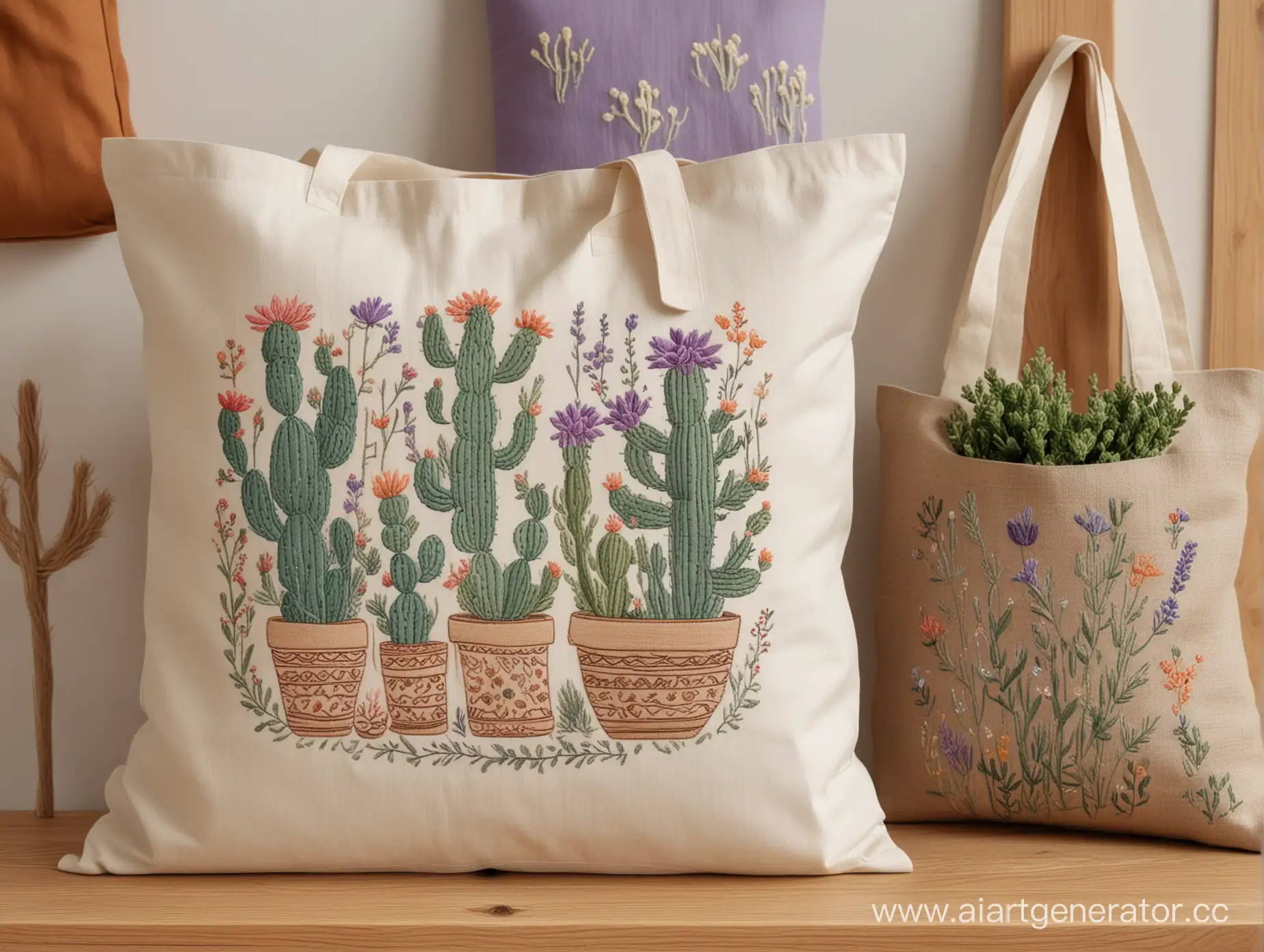 Botanical-and-Animal-Embroidery-Decor-Shopper-Bag-and-Pillow-Display