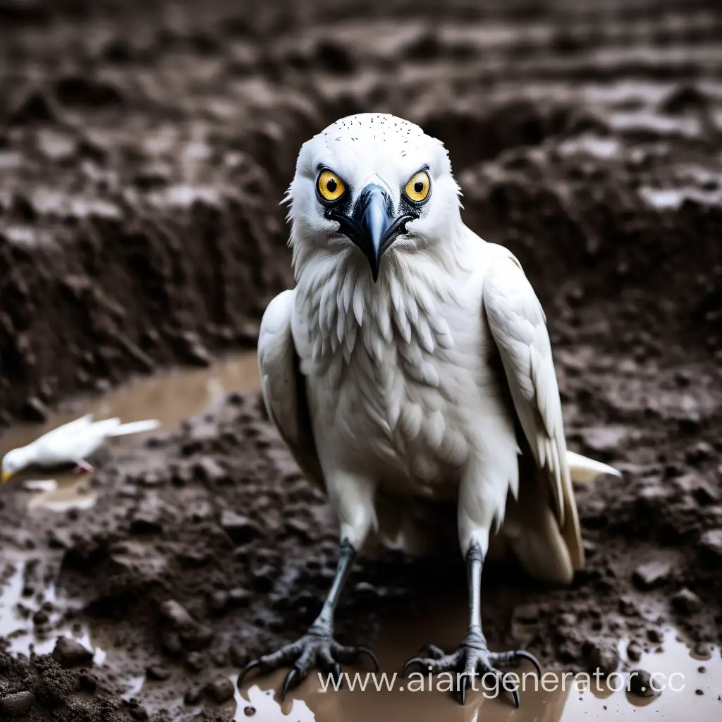 a white crow in the mud with huge eyes, the pupil of a cat in his eyes