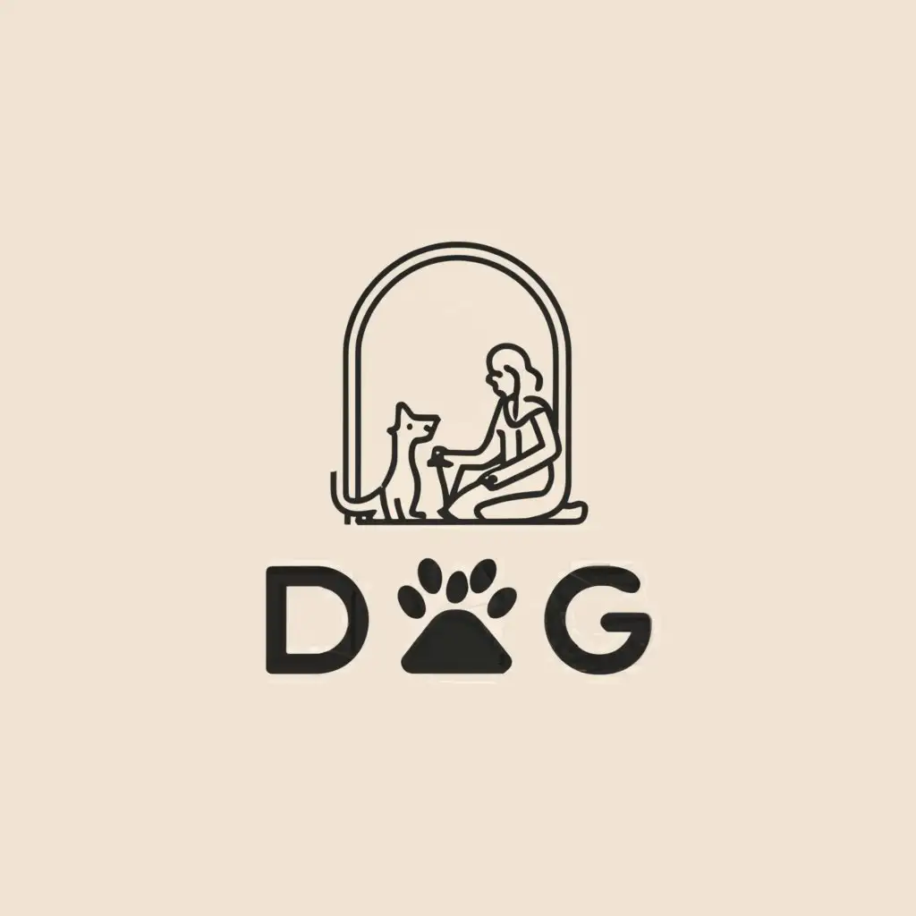 a logo design,with the text "dog", main symbol:Generate a drawing of a young women full body peaking out from behind a door with a dog and cat by her feet,complex,be used in Animals Pets industry,clear background