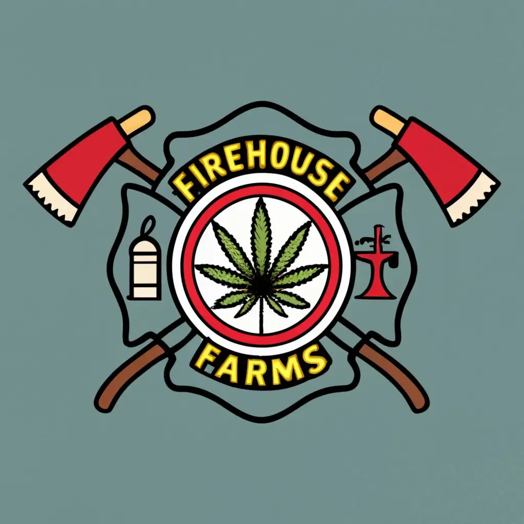 logo, Firehouse Patch Maltese Cross with cannabis flower, hook and ladder, flames, extinuisher crossing fire axes with the text "FIREHOUSE FARMS", typography
