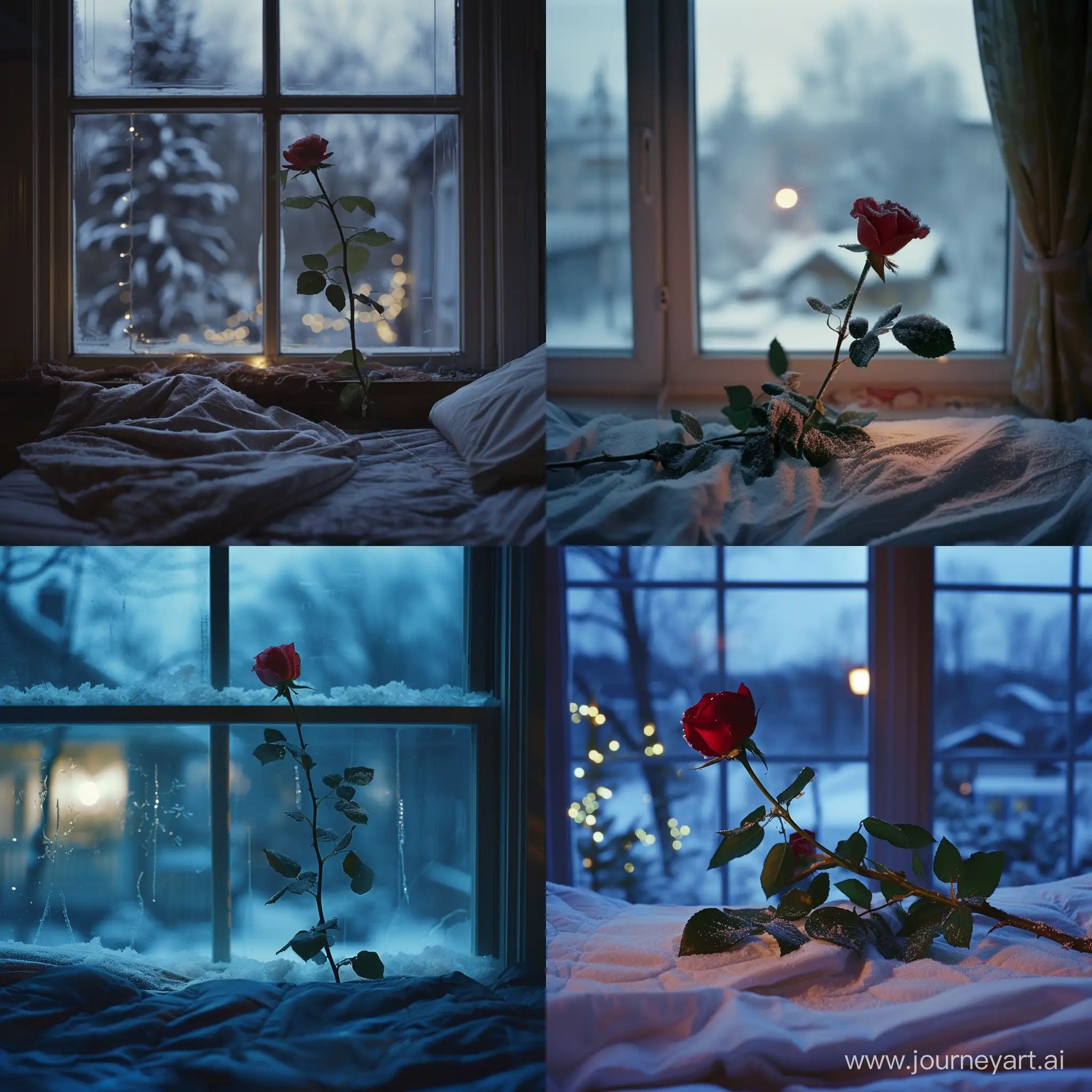 rose on the bed, bedroom night winter in the window 