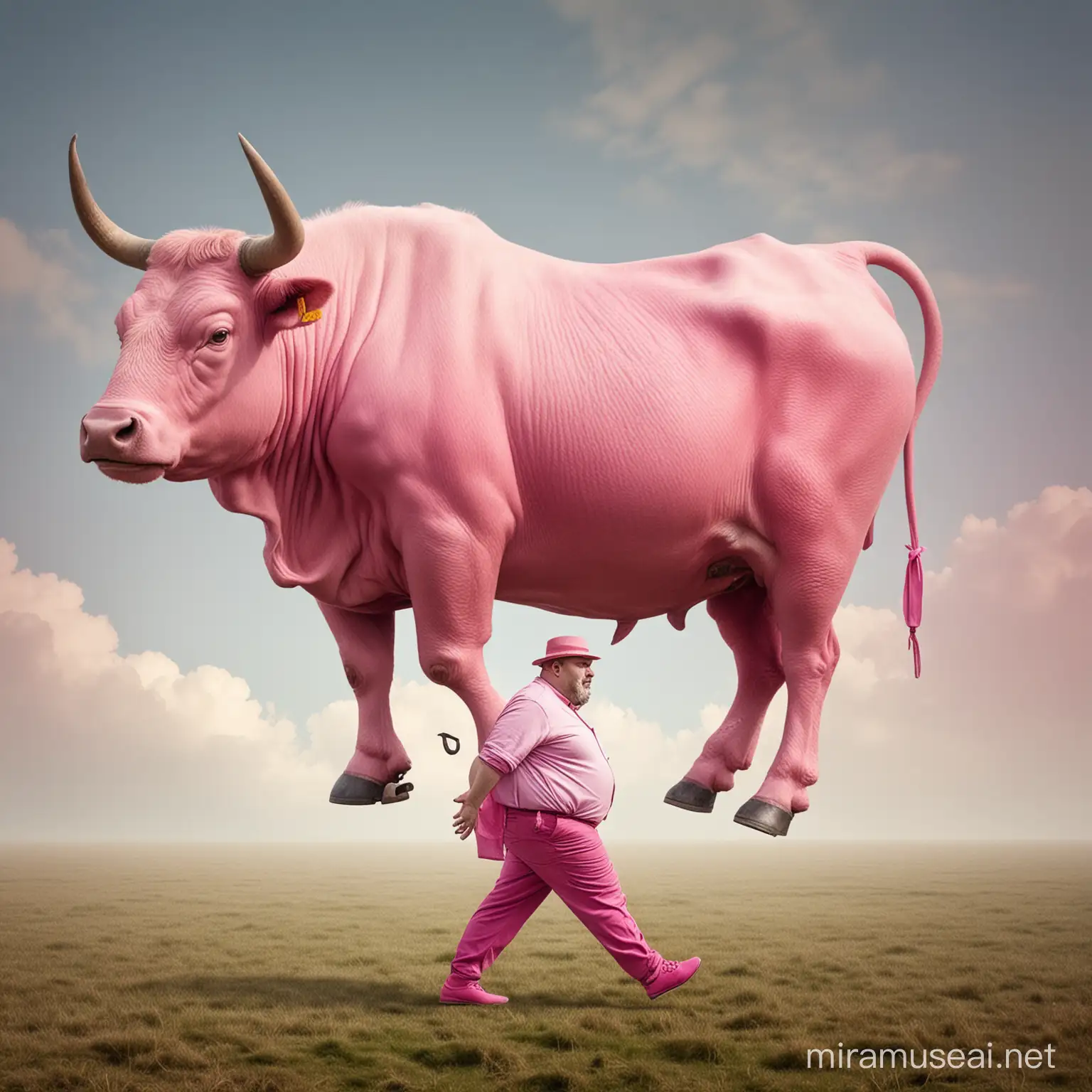 en tyk mand der har lyserøde sko på og bærer en kæmpe okse på en surrealistisk måde