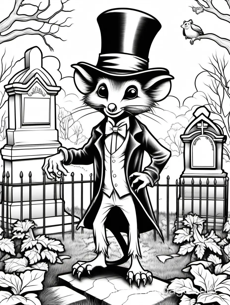 possum wearing a top hat in a cemetery, Coloring Page, black and white, line art, white background, Simplicity, Ample White Space. The background of the coloring page is plain white to make it easy for young children to color within the lines. The outlines of all the subjects are easy to distinguish, making it simple for kids to color without too much difficulty