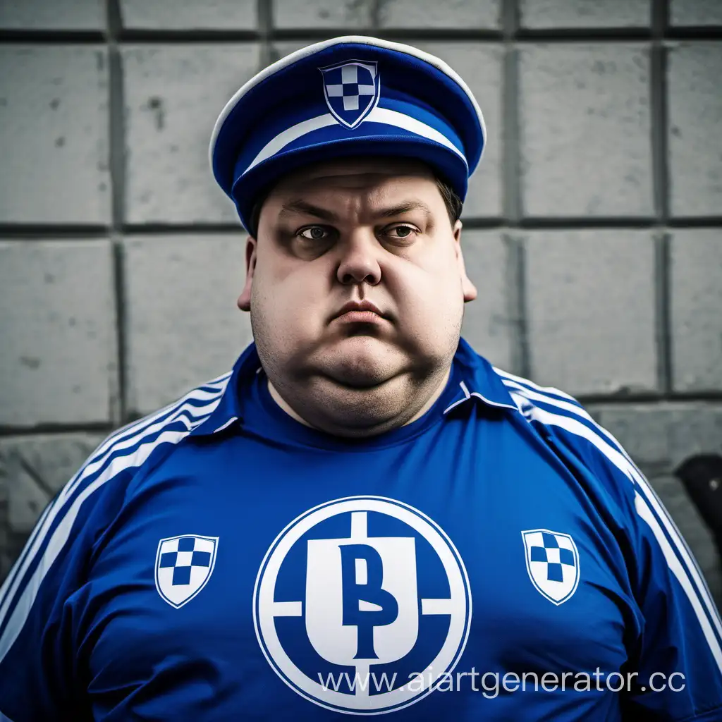 A fat man with Brown hair wearing BP hat is supporting Schalke 04 with a nazi flag