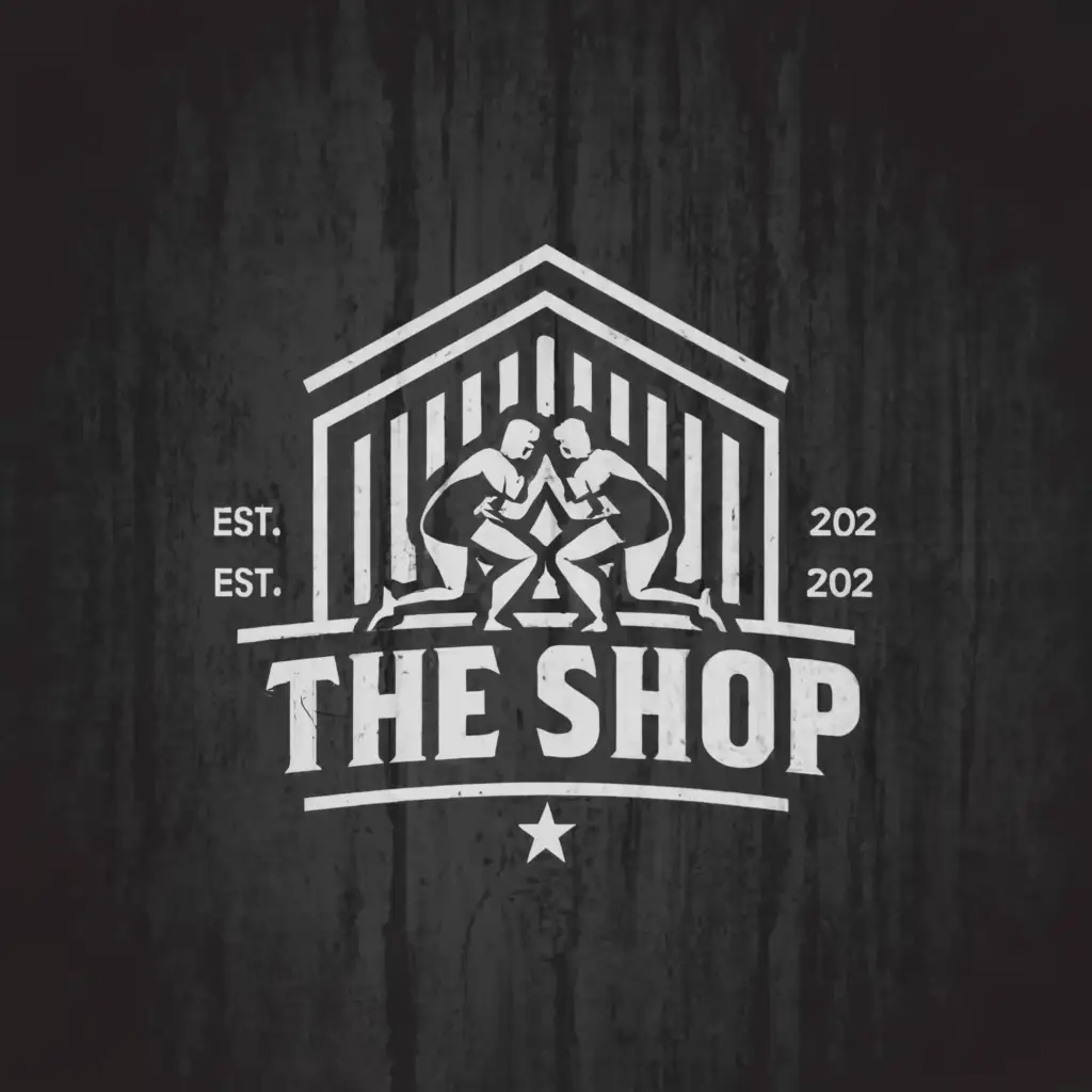 a logo design,with the text "The Shop", main symbol:Metal building wrestlers,Moderate,be used in Sports Fitness industry,clear background