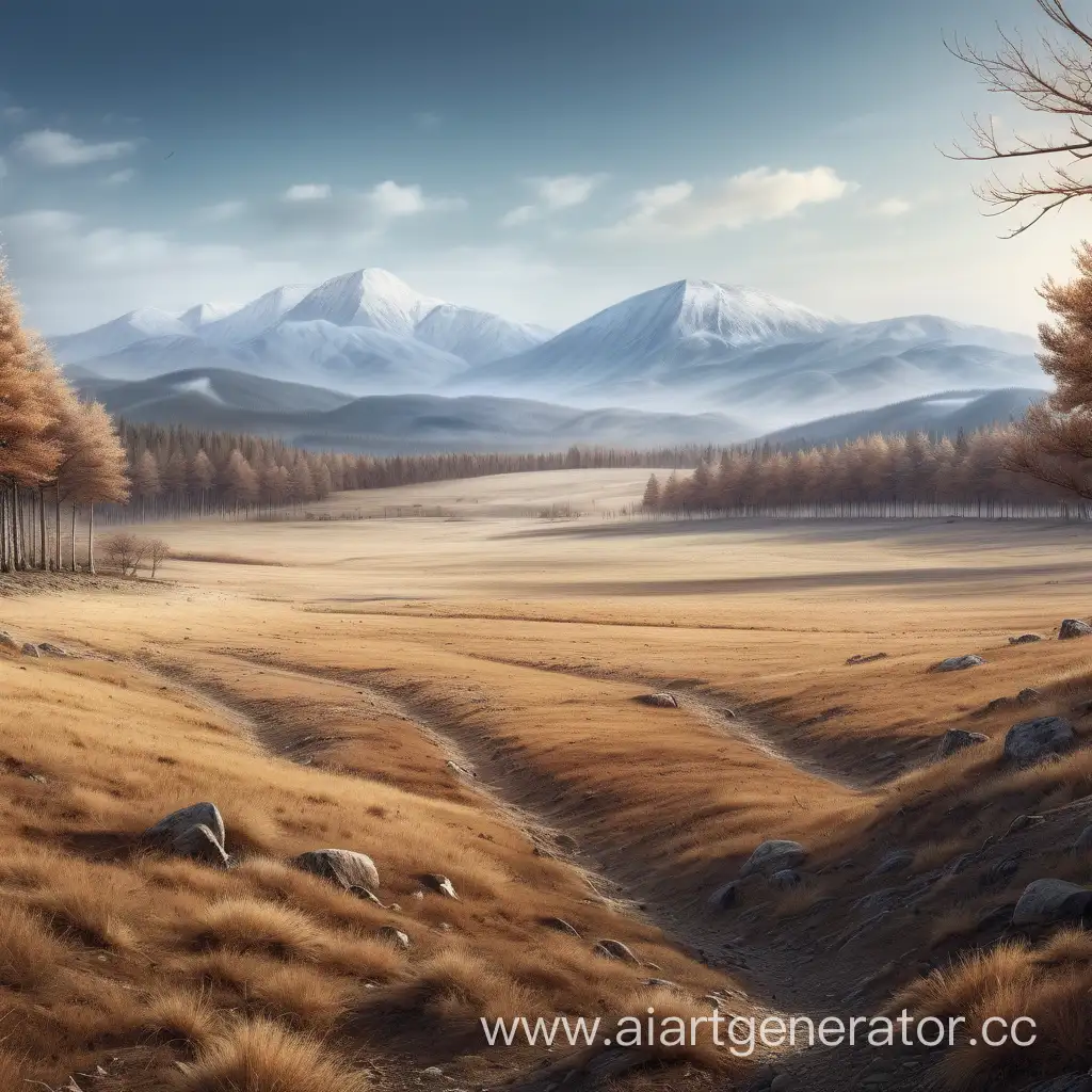 Wide field, in open forest, mountain at the end, without houses and trees, landscape, without trees and leaves, the land is barren, the view is realistic,Mountain countryside at the end