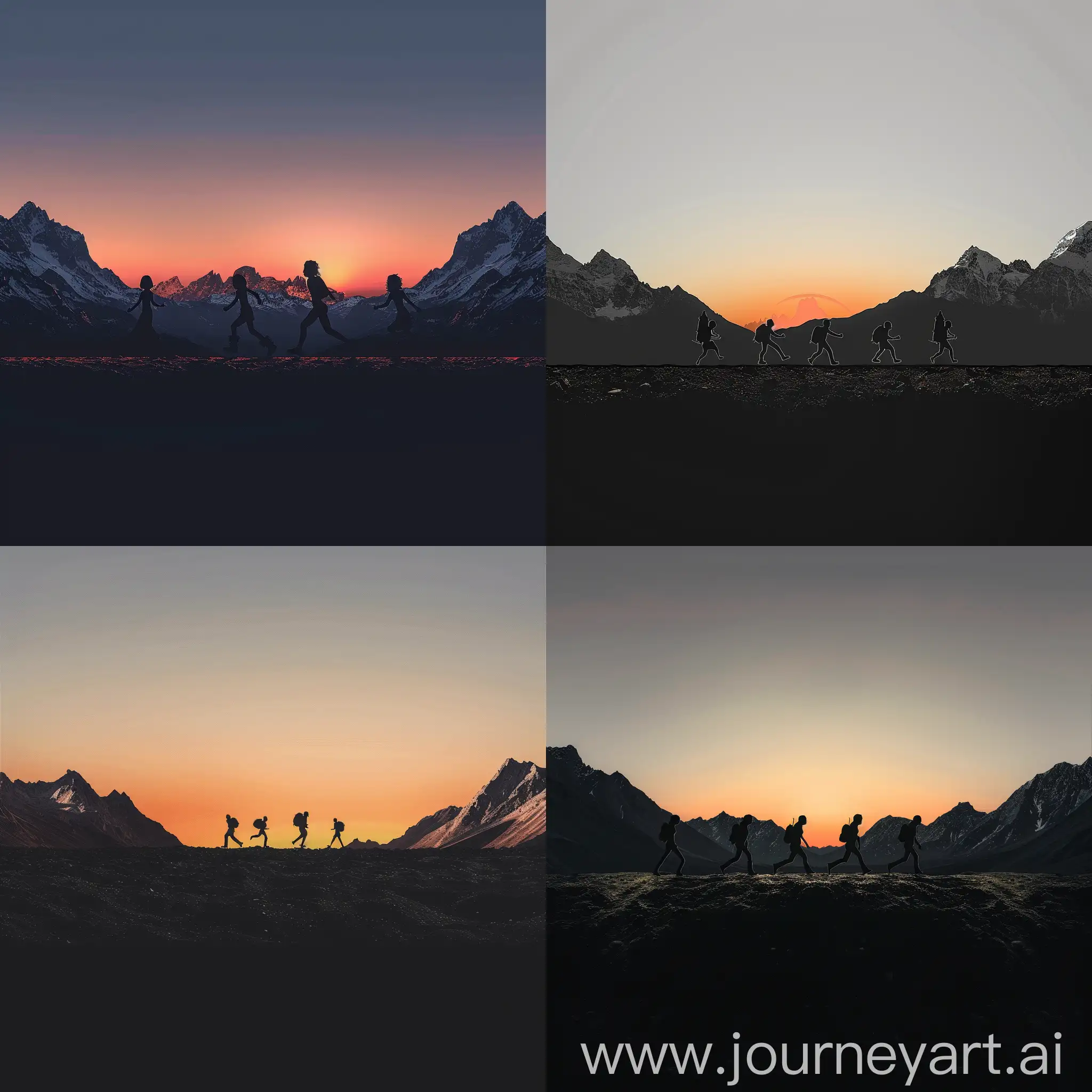 clear sunset, mountains left and right, silhouettes of four fantasy small travelers compared to the mountains in the center running to right, front view, beneath image black earth, side view