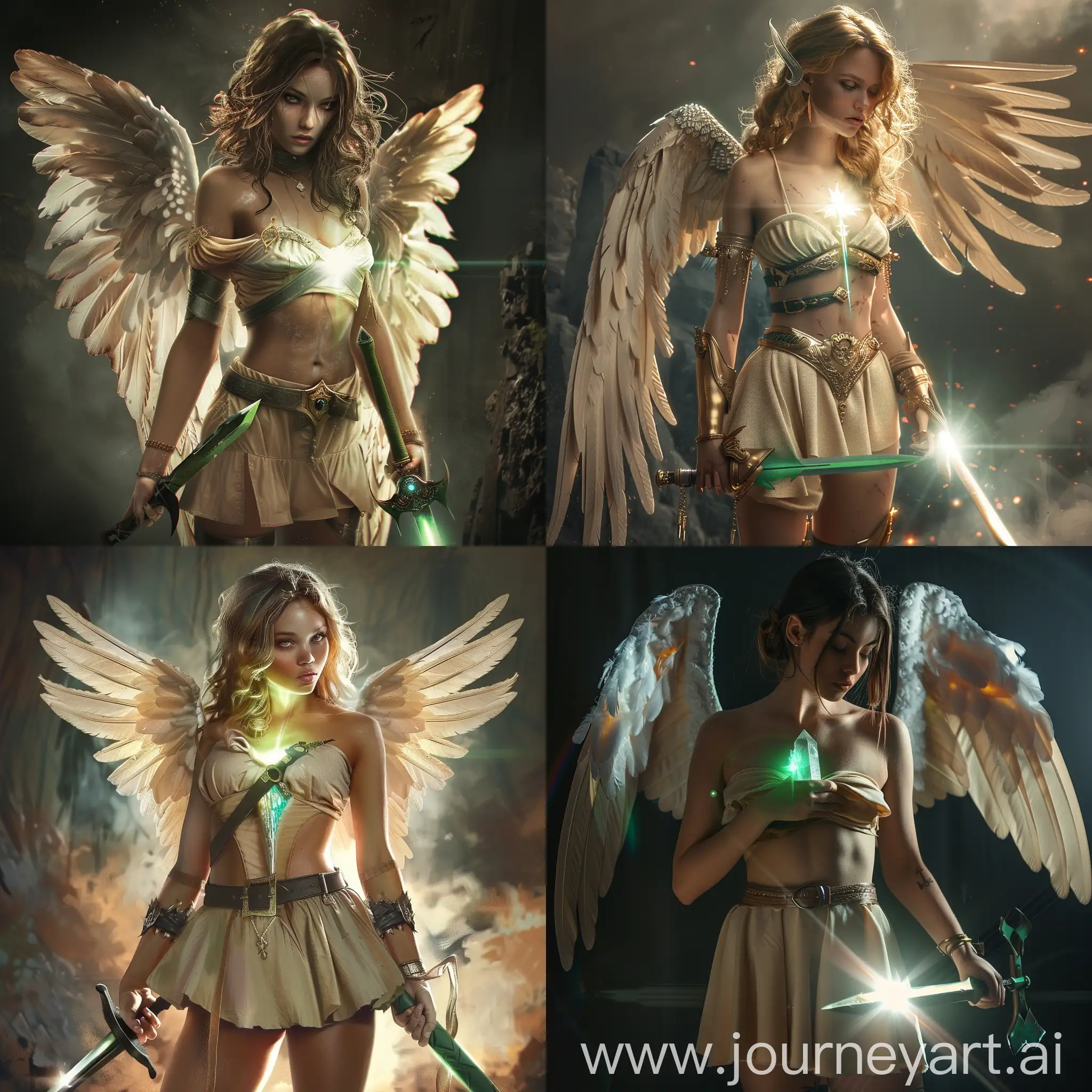 Femine warrior with angel wings and  green-steel dagger, beige mini dress, bright light crystal on her chest,  dark fantasy