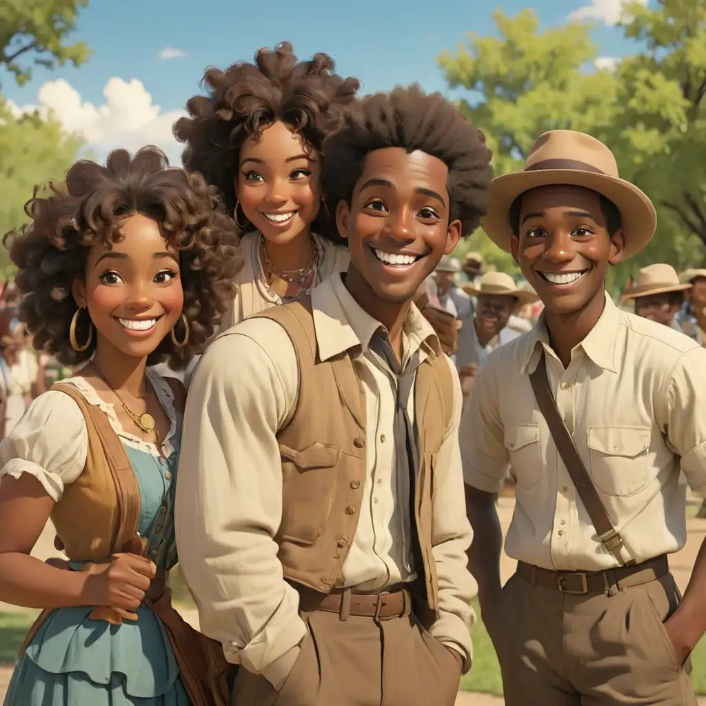 1900s cartoon-style adult african americans at the park smiling in new mexico