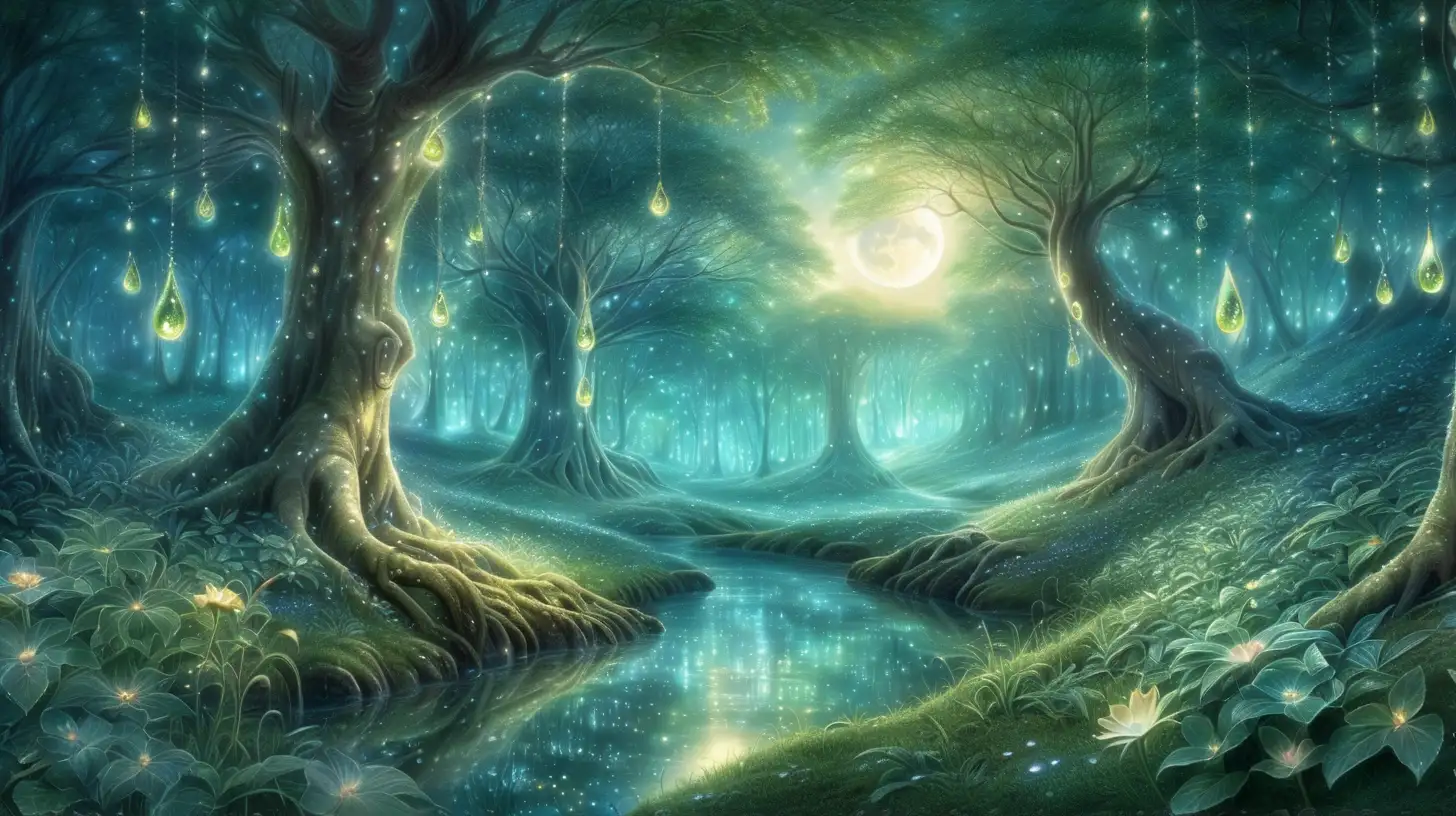 in anime style, a beautiful, magical enchanted forest with glistening dewdrops adorning the leaves like precious jewels, reflecting the moon's gentle glow, accentuated the ethereal beauty of the forest turning it into a realm that is like a living dream