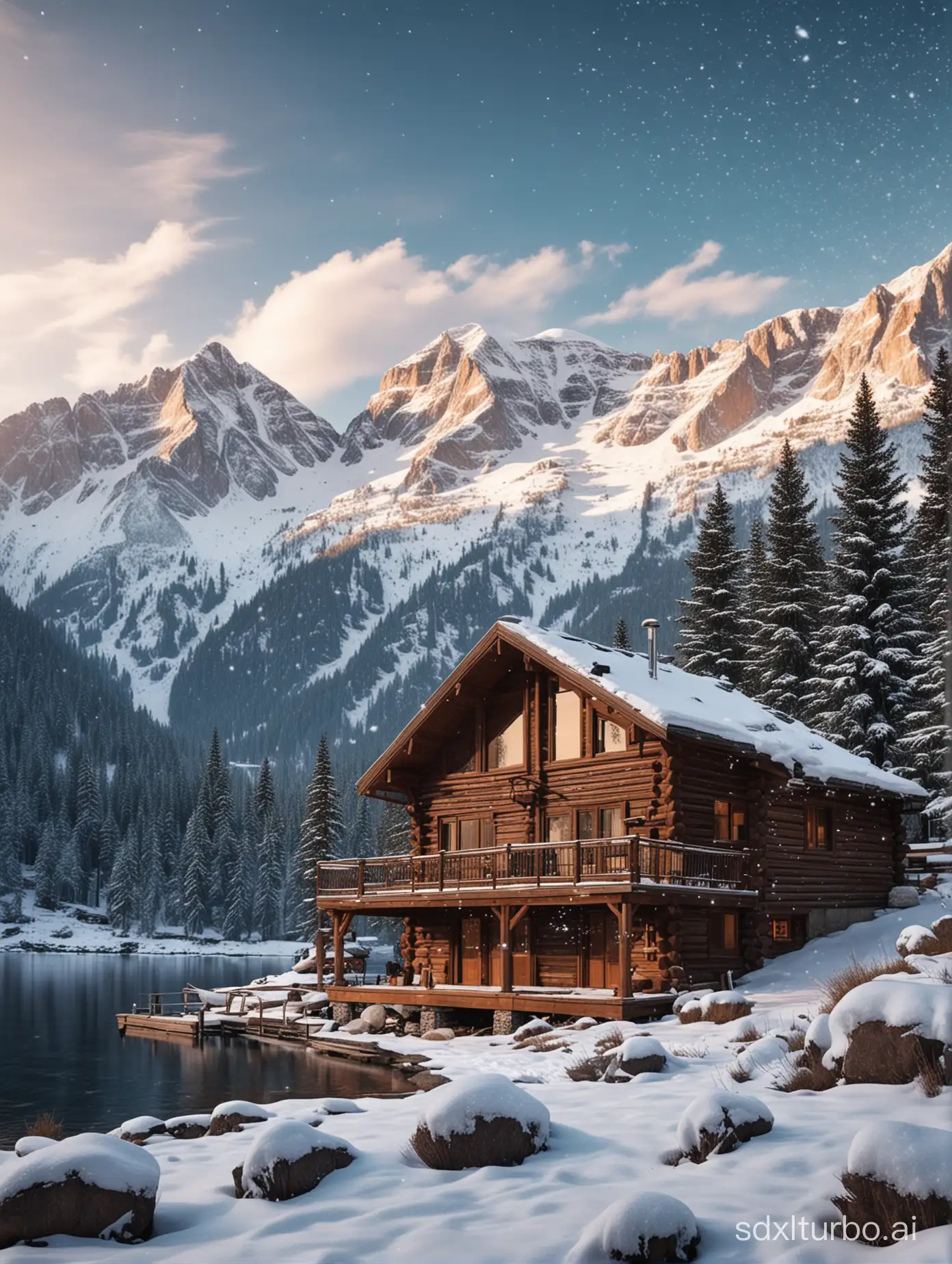 Comfortable cabin, majestic snow capped mountains, snowflakes floating in the sky