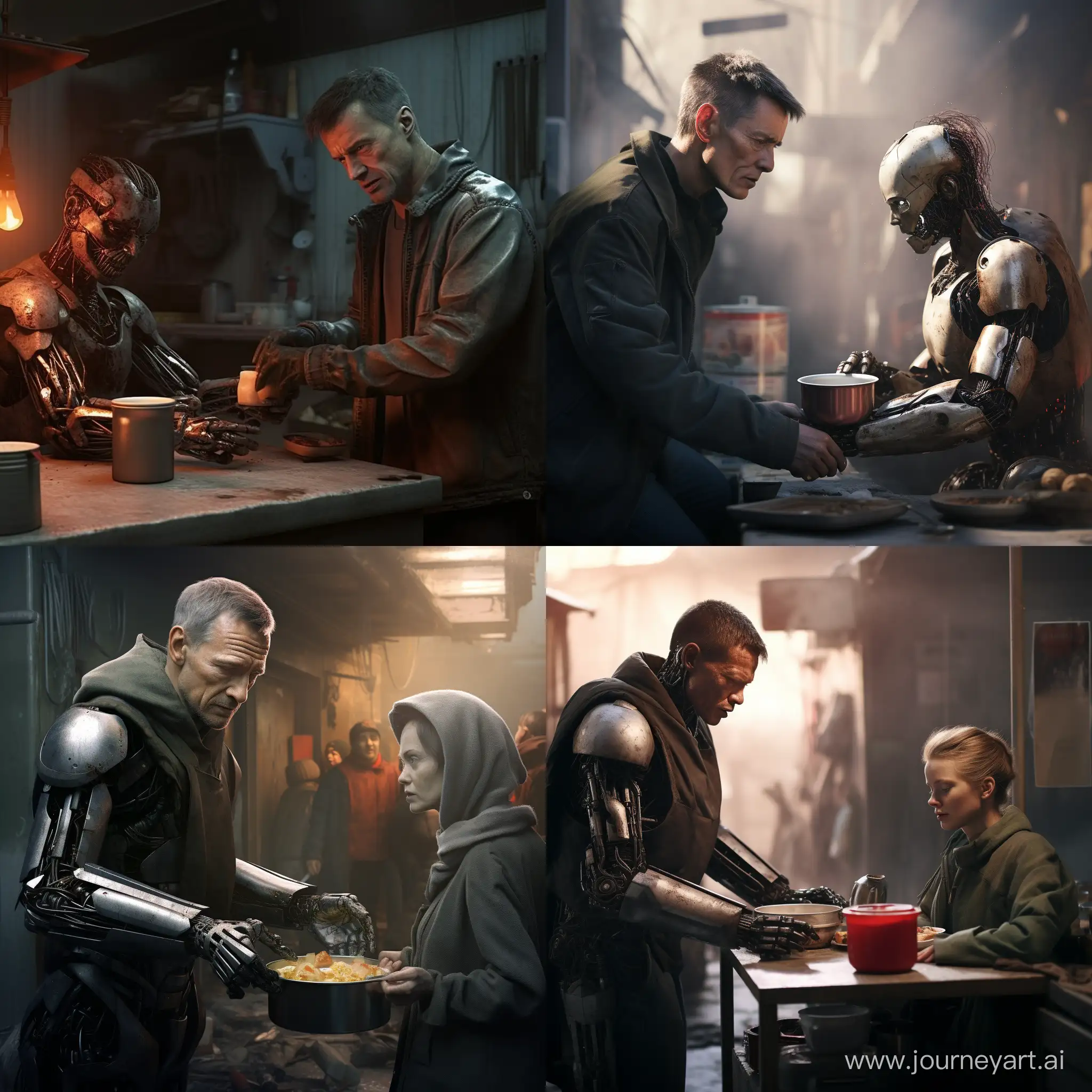 Terminator help to serve soup to homeless in kitchen,photo realistic, high resolution