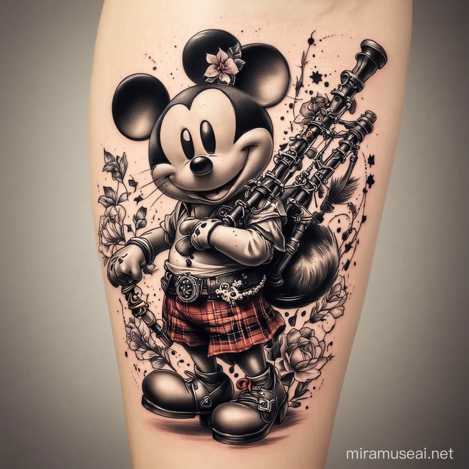 design a tattoo of Mickey Mouse in high heels playing bagpipes with a lucky cat next to it