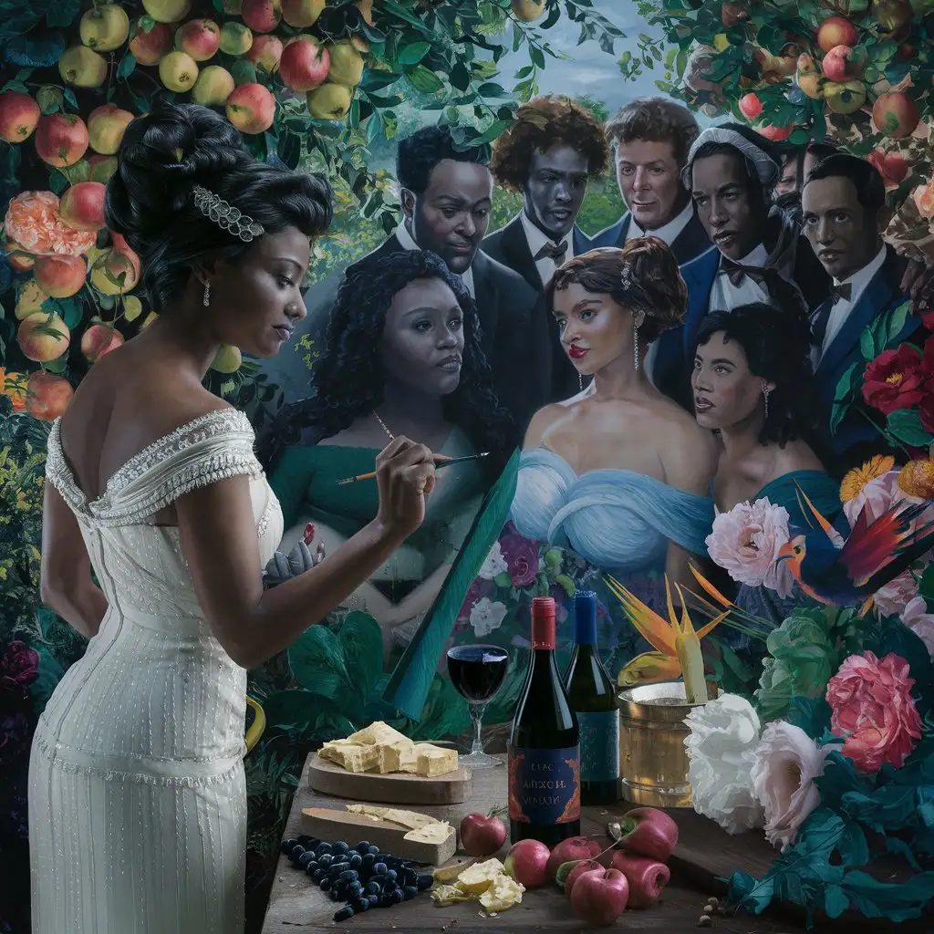 AFRICAN AMERICAN DARK SKIN LADY WEARING A WHITE GREAT GATSBY DRESS painting A PORTAIT OF BLACK PEOPLE out in the garden filled with APPLE TREES, roses and peonies and bird of paradise and all types of beautiful wine and cheese