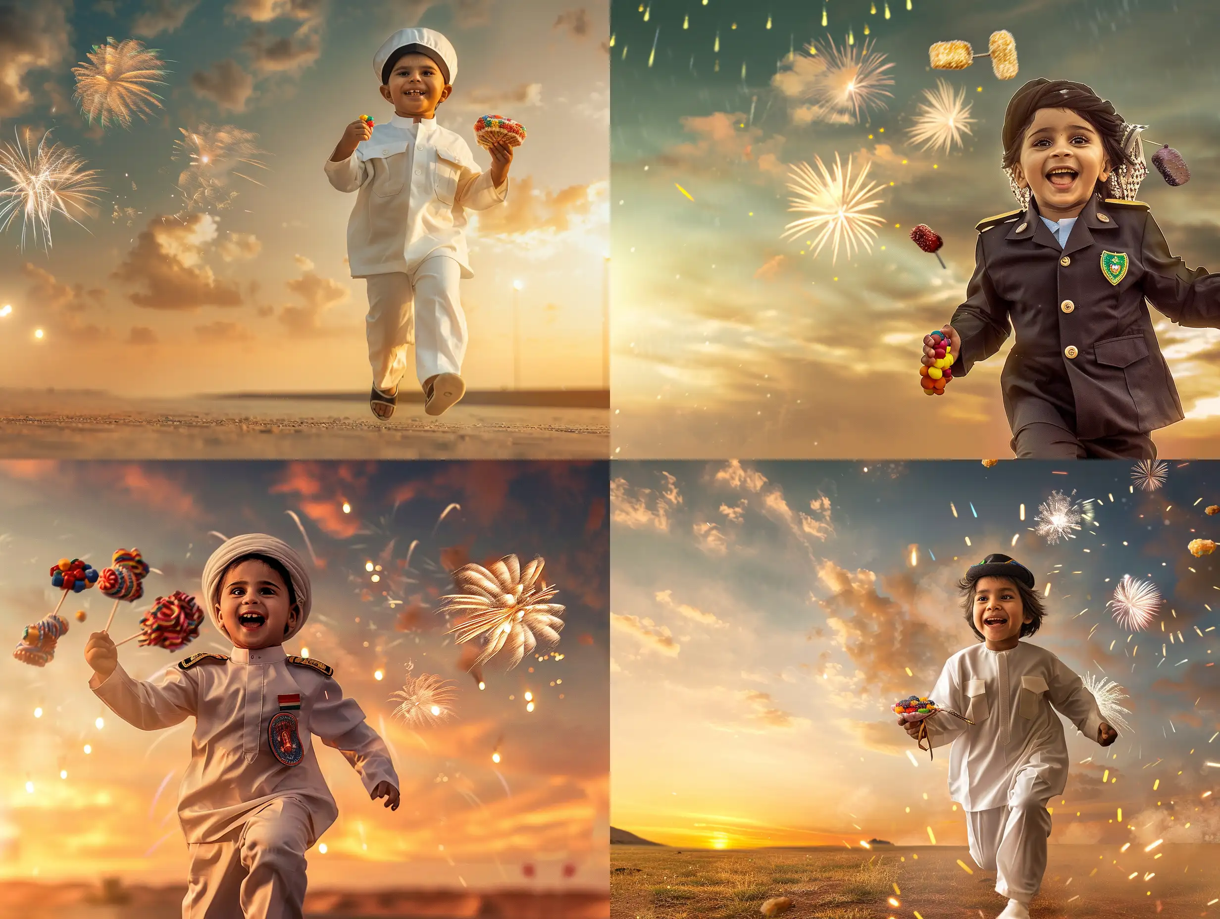 A child with sweets, in Saudi uniform, running happily with fireworks in the sky
Professional portrait photography, HD digital camera, contemporary era, warm color palette., Portrait, Realism, Keyshot, Normal perspective, Mirrorless Camera, Natural Light, Delight,