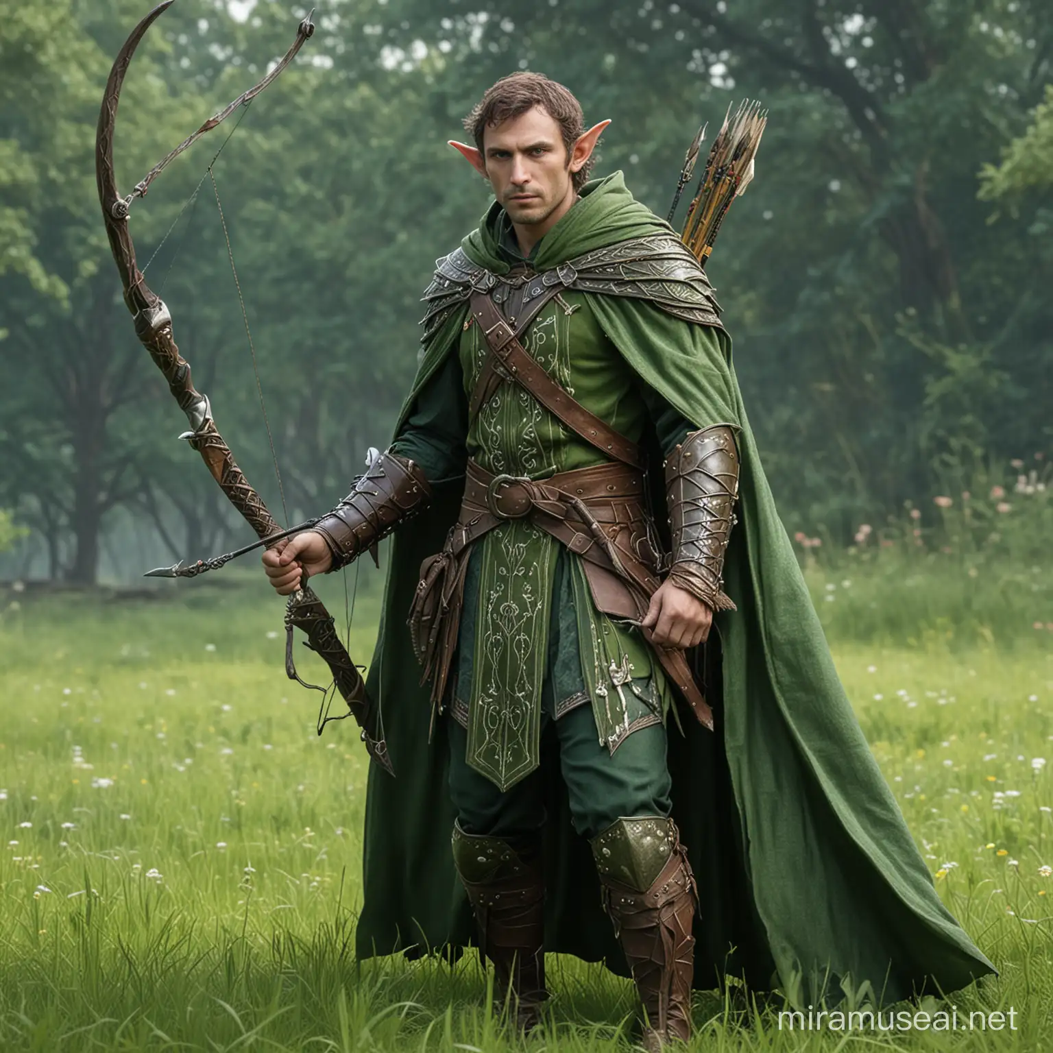 Эльф мужчина в зеленом травяном плаще с узорчатым длинным луком уверенными на поясе кинжалами 