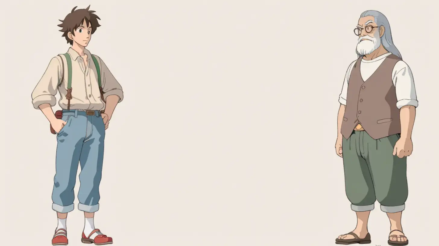 create 2 guy standing side by side in ghibli styles