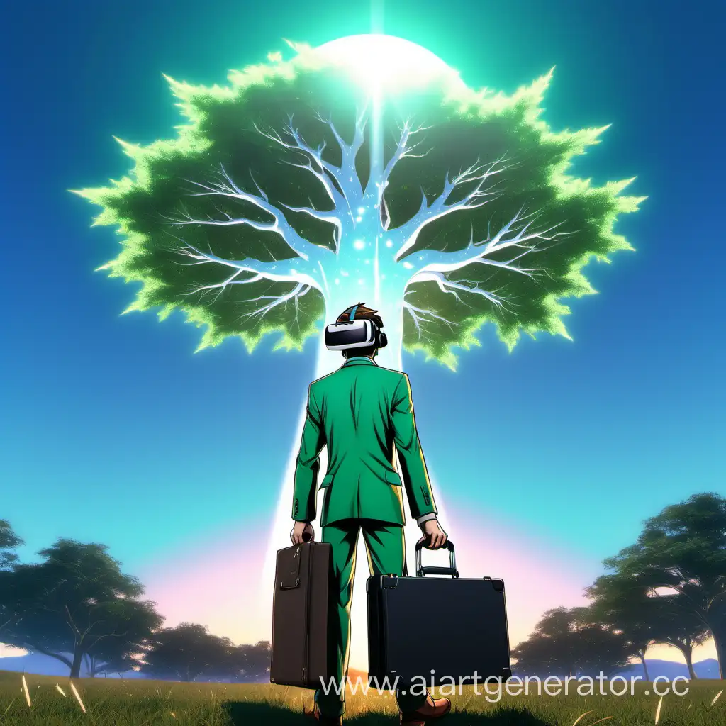 G-Man in green costume and VR headset with briefcase with anime girl sticker on it, standing in front of blue sunset, looking at giant white shining tree in the sky, view from his back