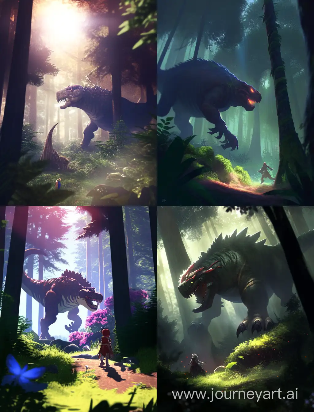 Majestic-Tyrannosaurus-Rex-and-Lion-Encounter-in-Enchanting-Forest