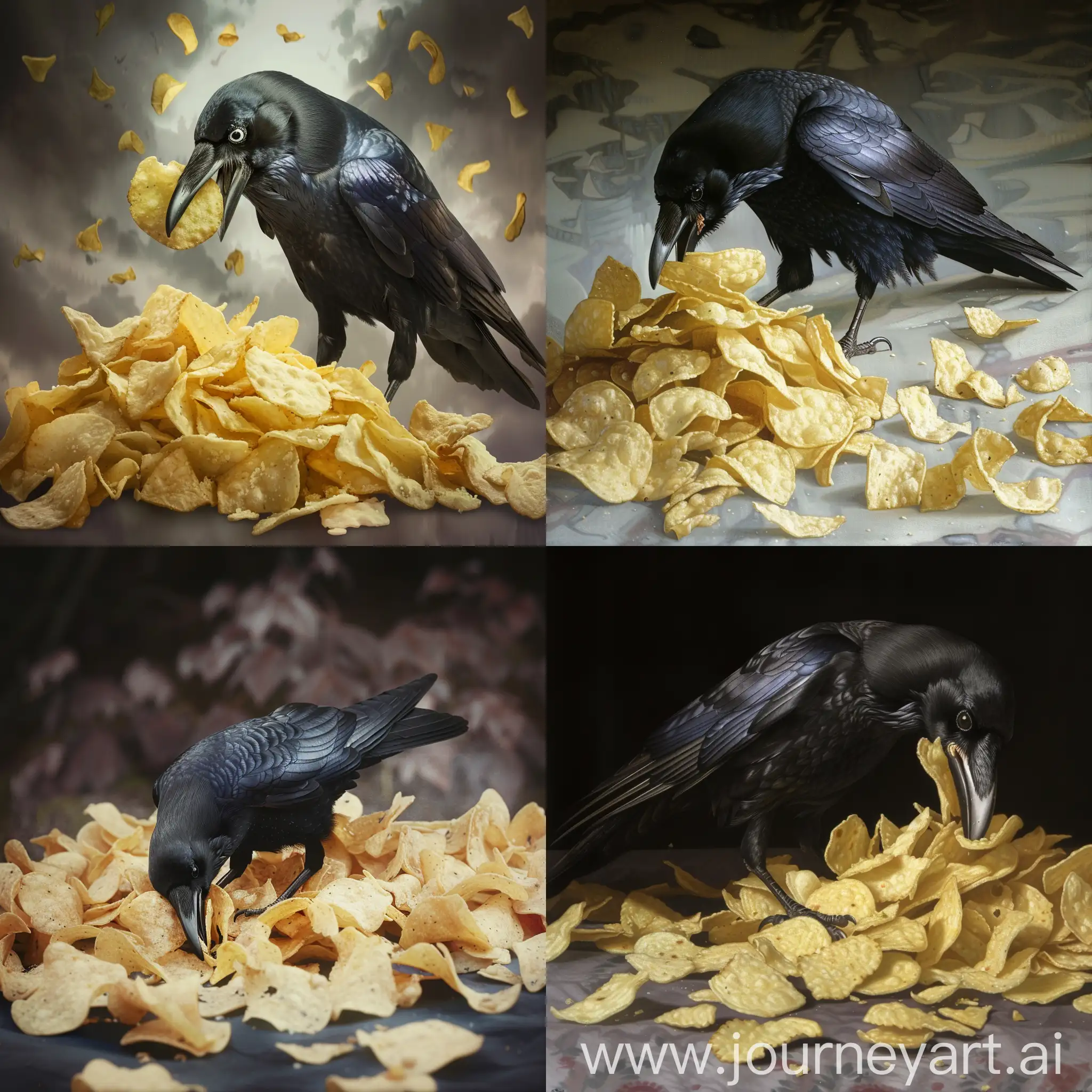 Here's the image of a crow eating chips in a realistic setting.