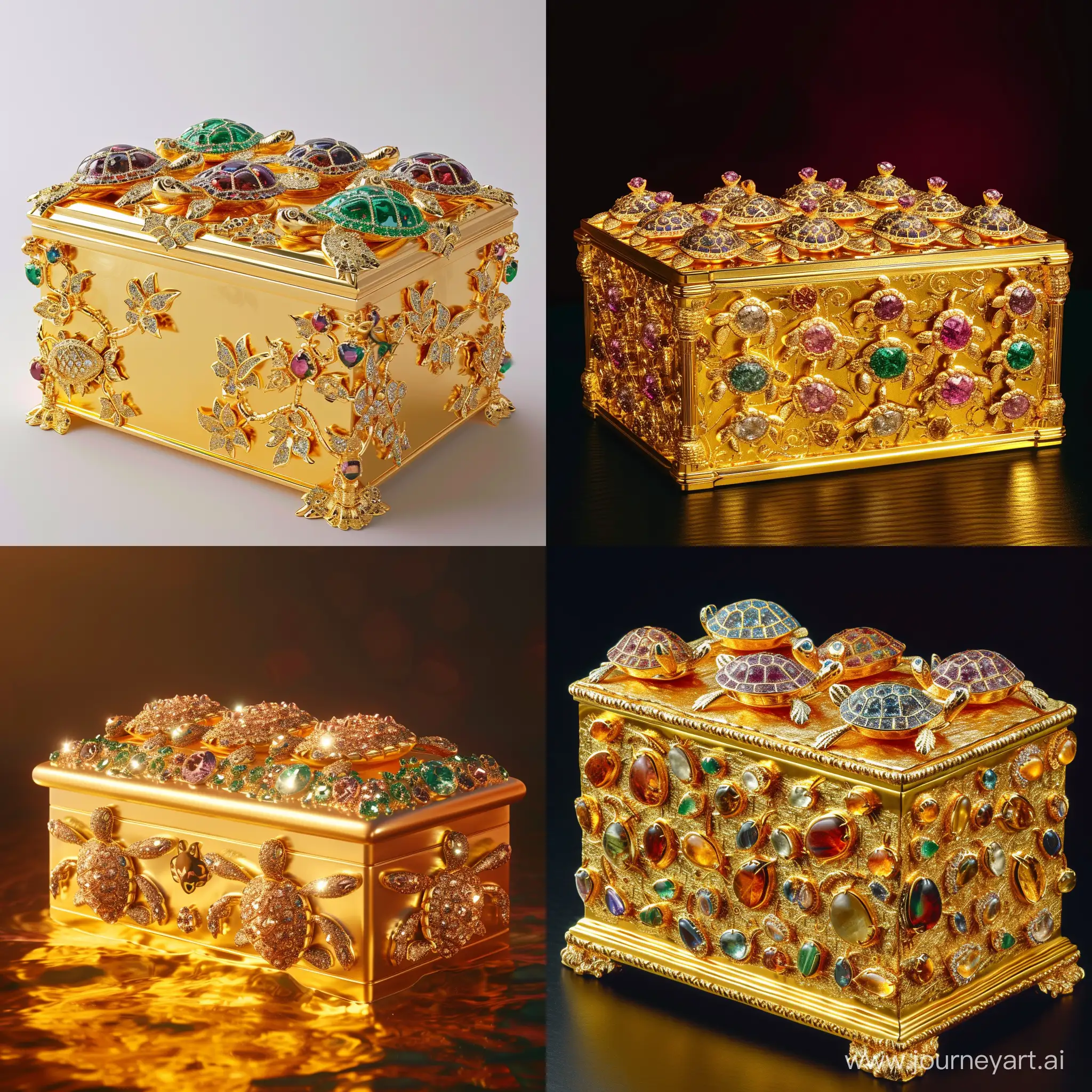 A beautiful gold box decorated with turtles made of precious stones!!!!!!!front light , high detail, octane number, medium sharpness , photorealistic , bright colors --v 6 --ar 1:1 --no 95572