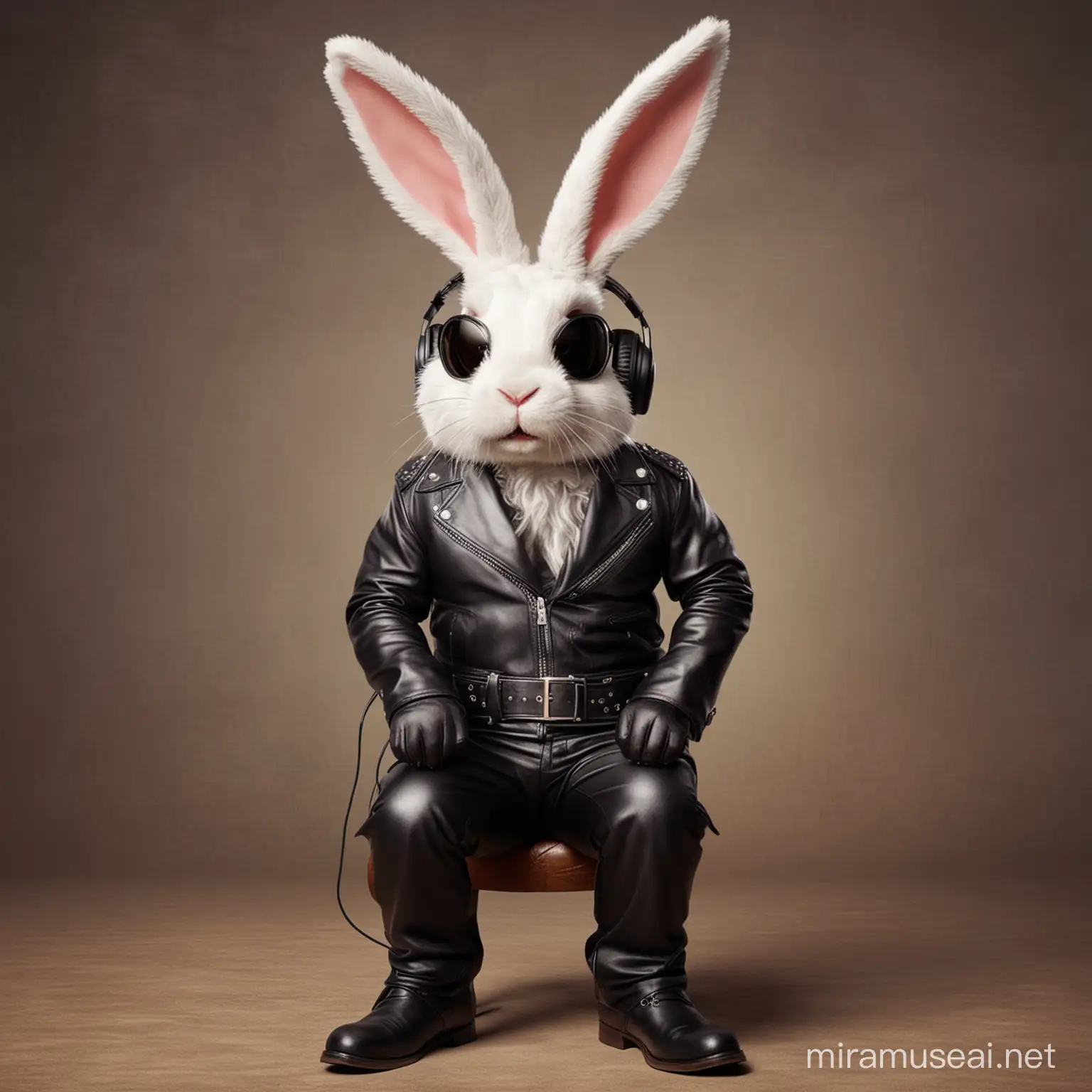 Easter Bunny dressed in leather listening to rock and roll