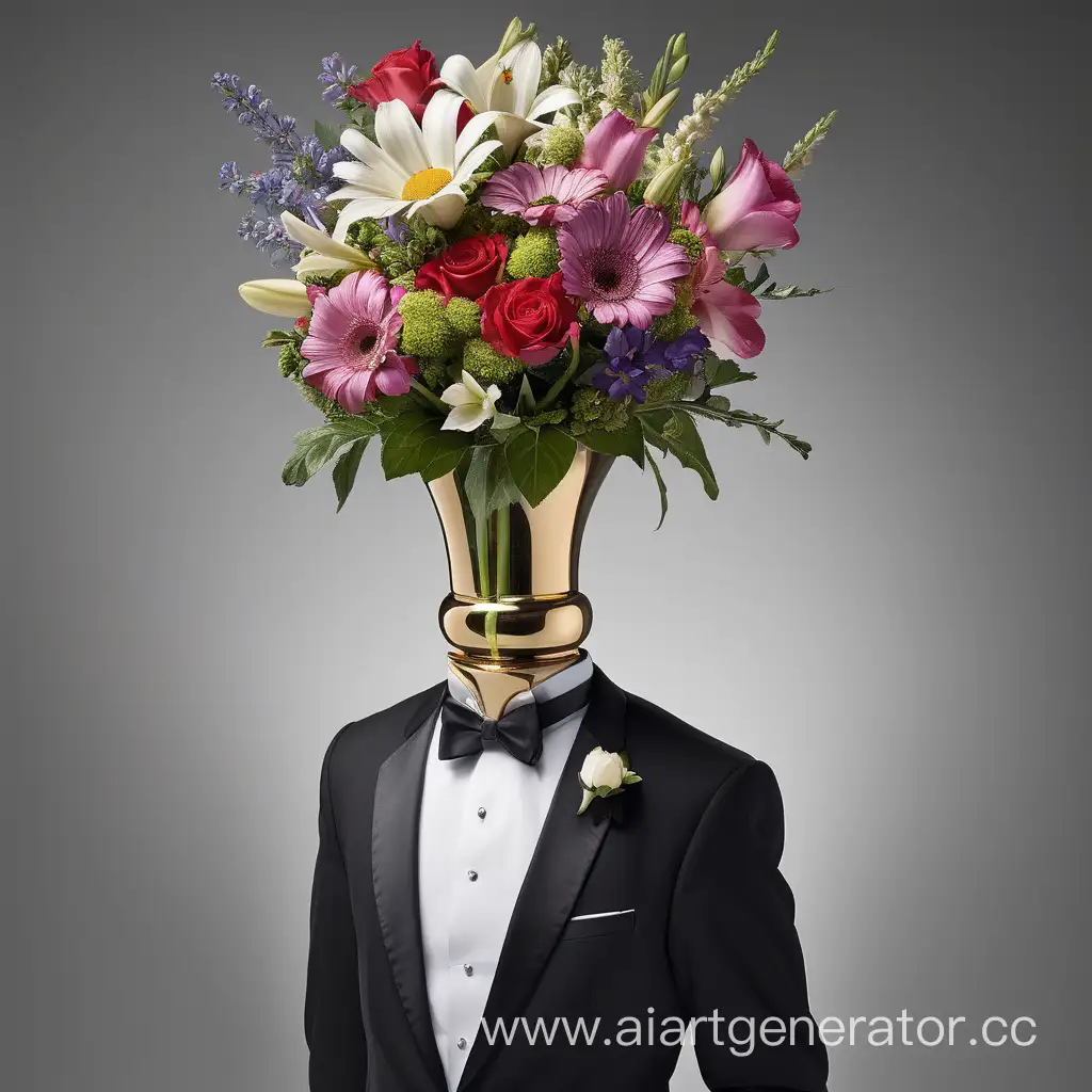 Мужчина в смокинге снял цилиндр ваз головы для приветствия вместо головы у него букет цветов