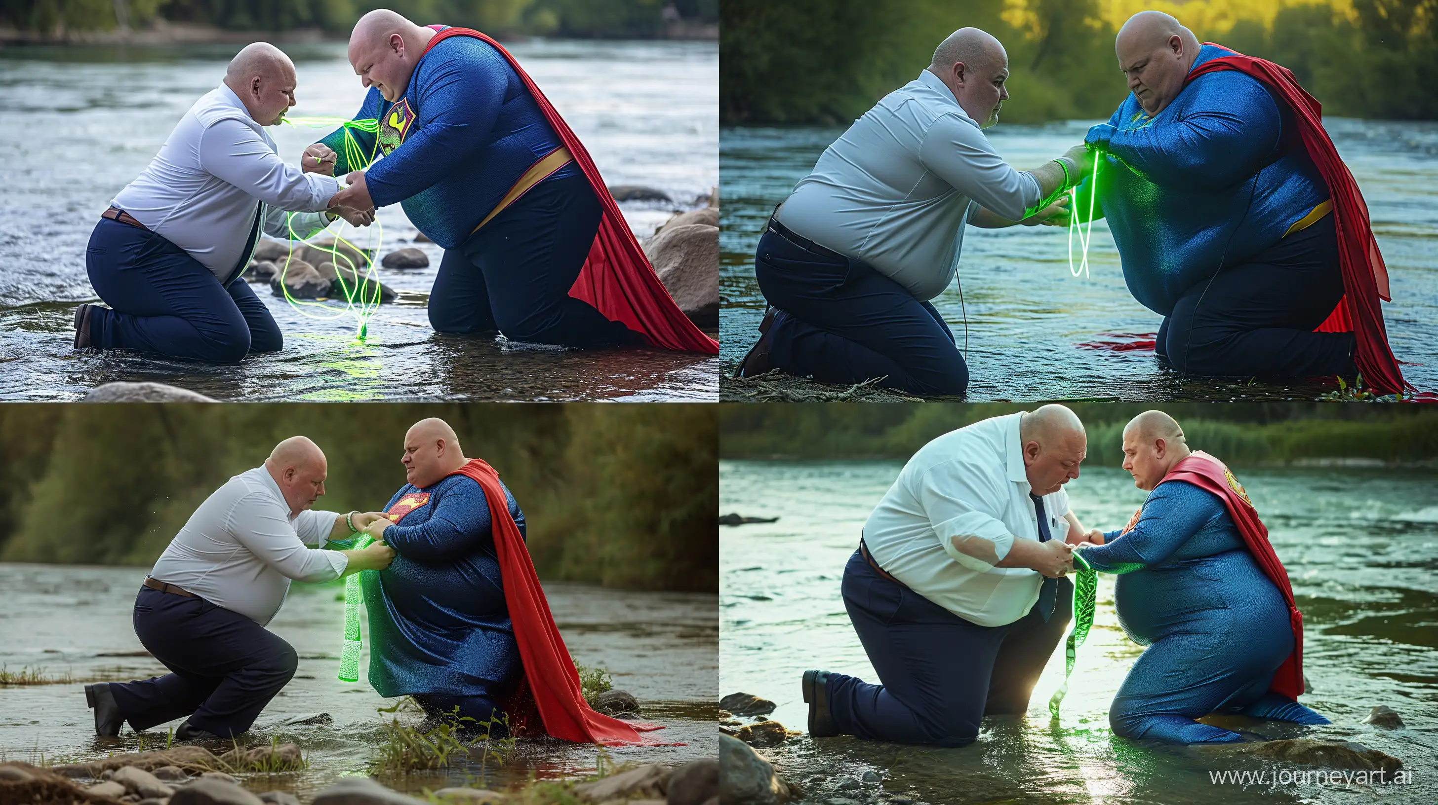Close-up photo of a chubby man aged 60 wearing navy business pants and a white shirt, kneeling and tightening a green glowing strap around another chubby man aged 60 kneeling in the water and wearing a tight blue silky superman costume with a large red cape. River Outside. Natural light. Bald. Clean Shaven. --style raw --ar 16:9 --v 6