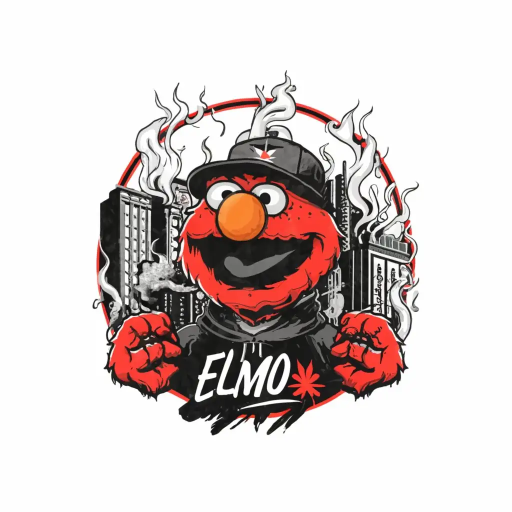 a logo design, with the text 'ELMO', main symbol: Elmo from muppets smoking a big blunt while wearing a black hoodie and a black baseball hat. All around there is a dark city.
