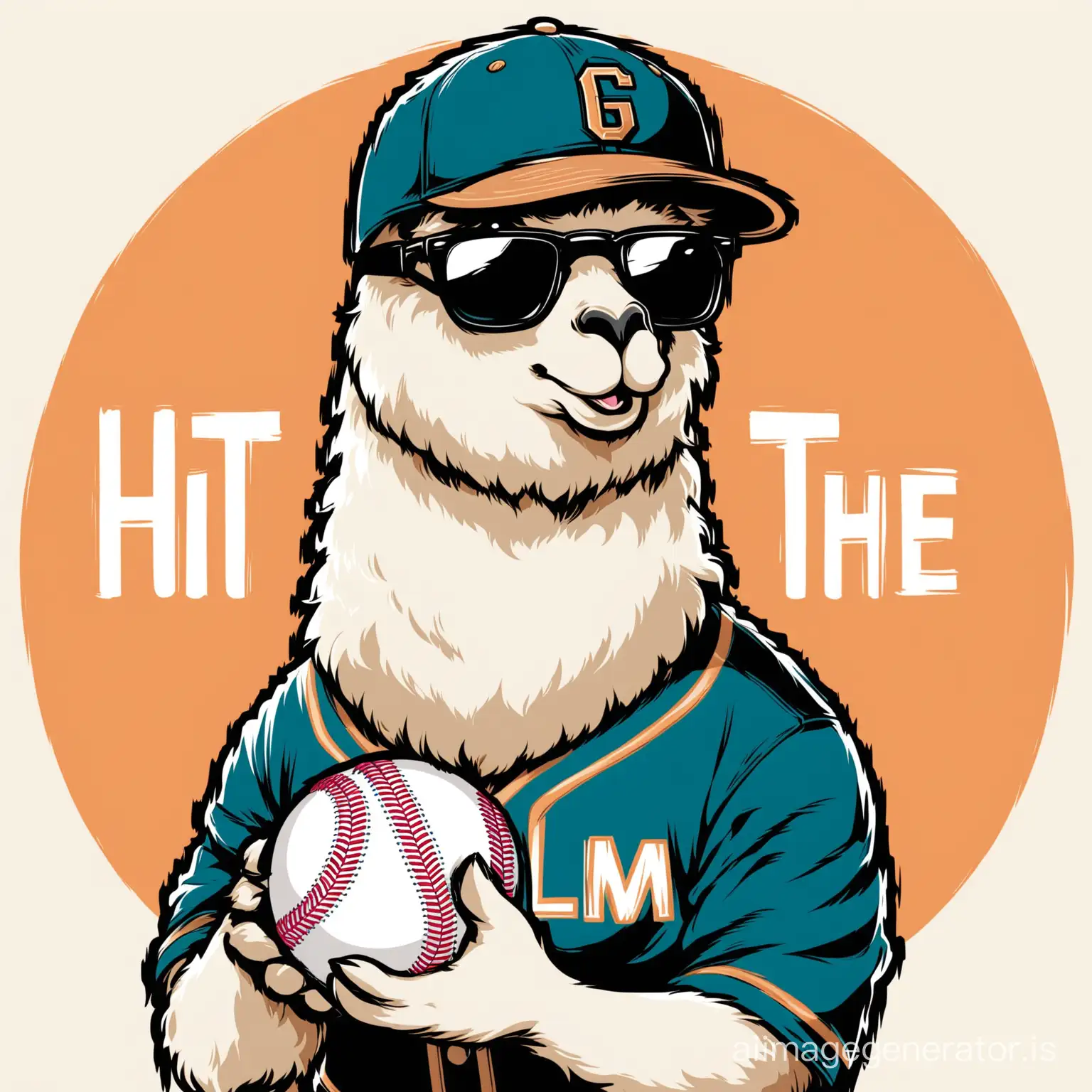 A llama baseball a wearing sunglasses and a baseball hat is depicted, holding a baseball and HIT THE baseball ball. The background is black. vector design. Vintage color WITHOUT BACKGROUND