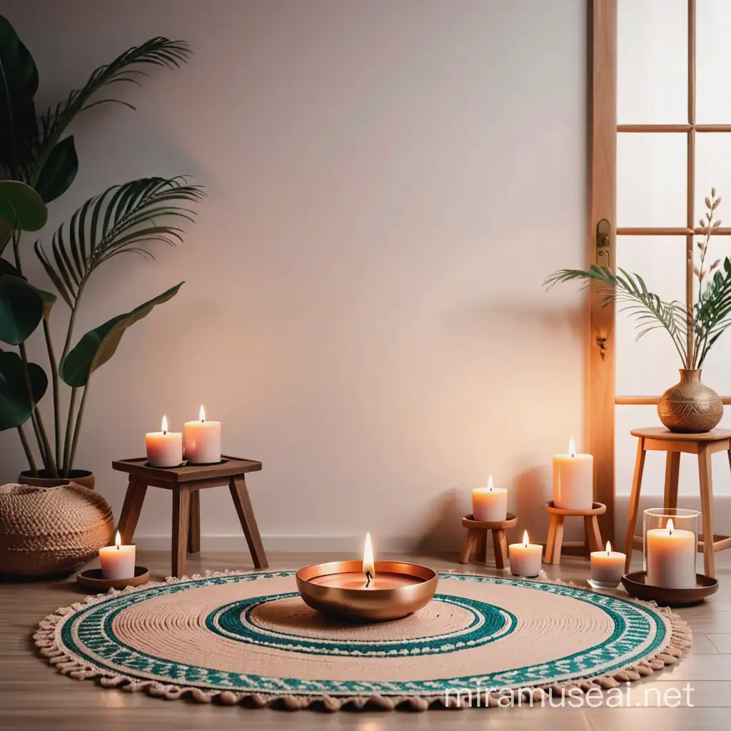 Boho Interior Meditation Space with Candles and Incense Mockup