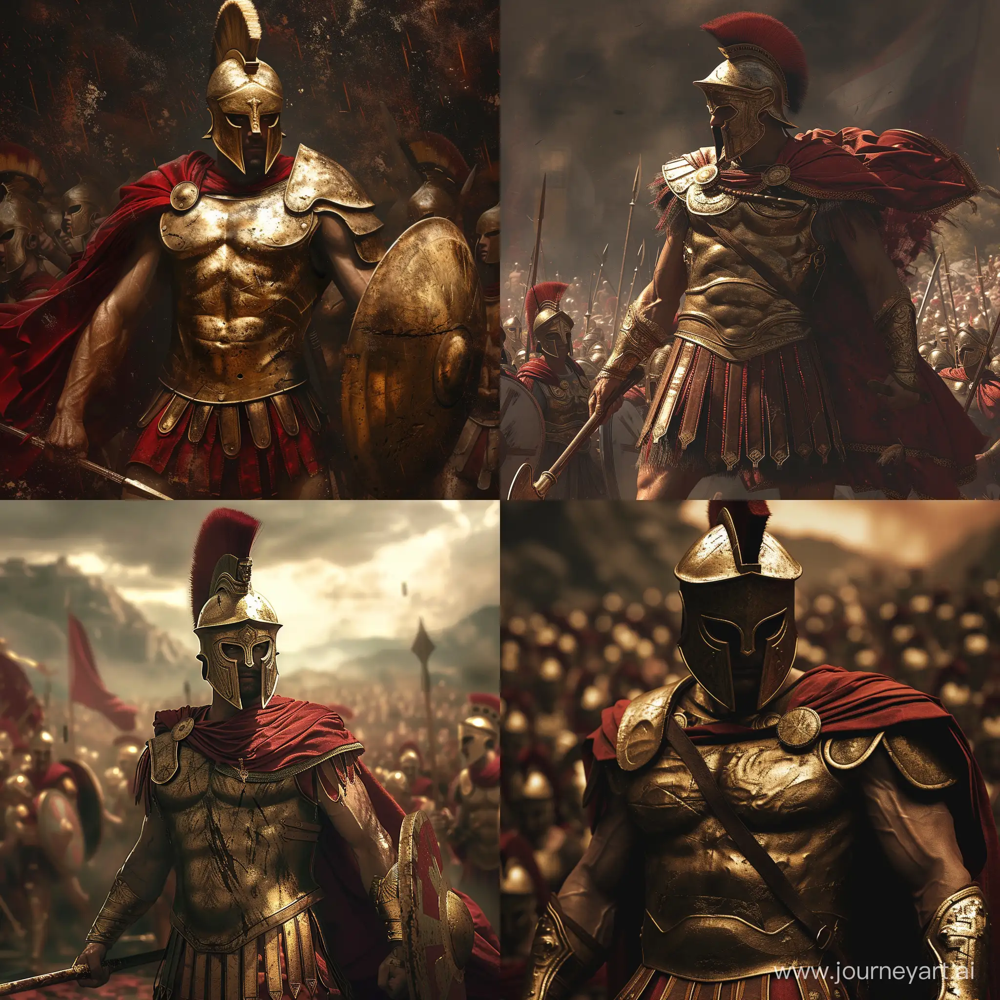 a spartan warrior, in the style of dark crimson and gold, academic classicism, 32k uhd, spectacular backdrops, bronze playfulness, associated press photo, detailed crowd scenes  stylize 