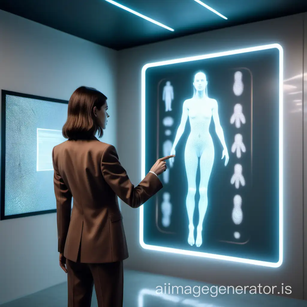 In the center of a minimalist room, there is a holographic area displaying some pictures of chromosomes. A woman in a brown suit with shoulder-length hair points her finger at the picture. She faces away from the camera. futuristic style, realist style