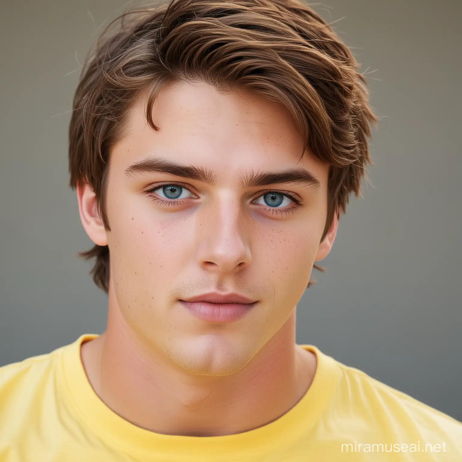 Young Man with Brown Hair and Blue Eyes in a Yellow TShirt