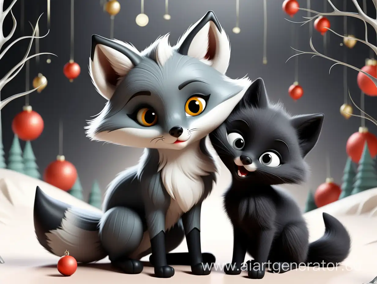 Сделай новогоднюю поздравительную открытку. В ней красивая серебристо-черная лиса и маленький милый черный котенок. Открытка должна быть очень милой и праздничной. 