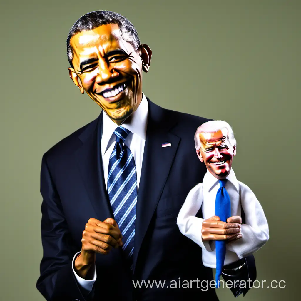 Obama holding a sock puppet that looks like Joe Biden.