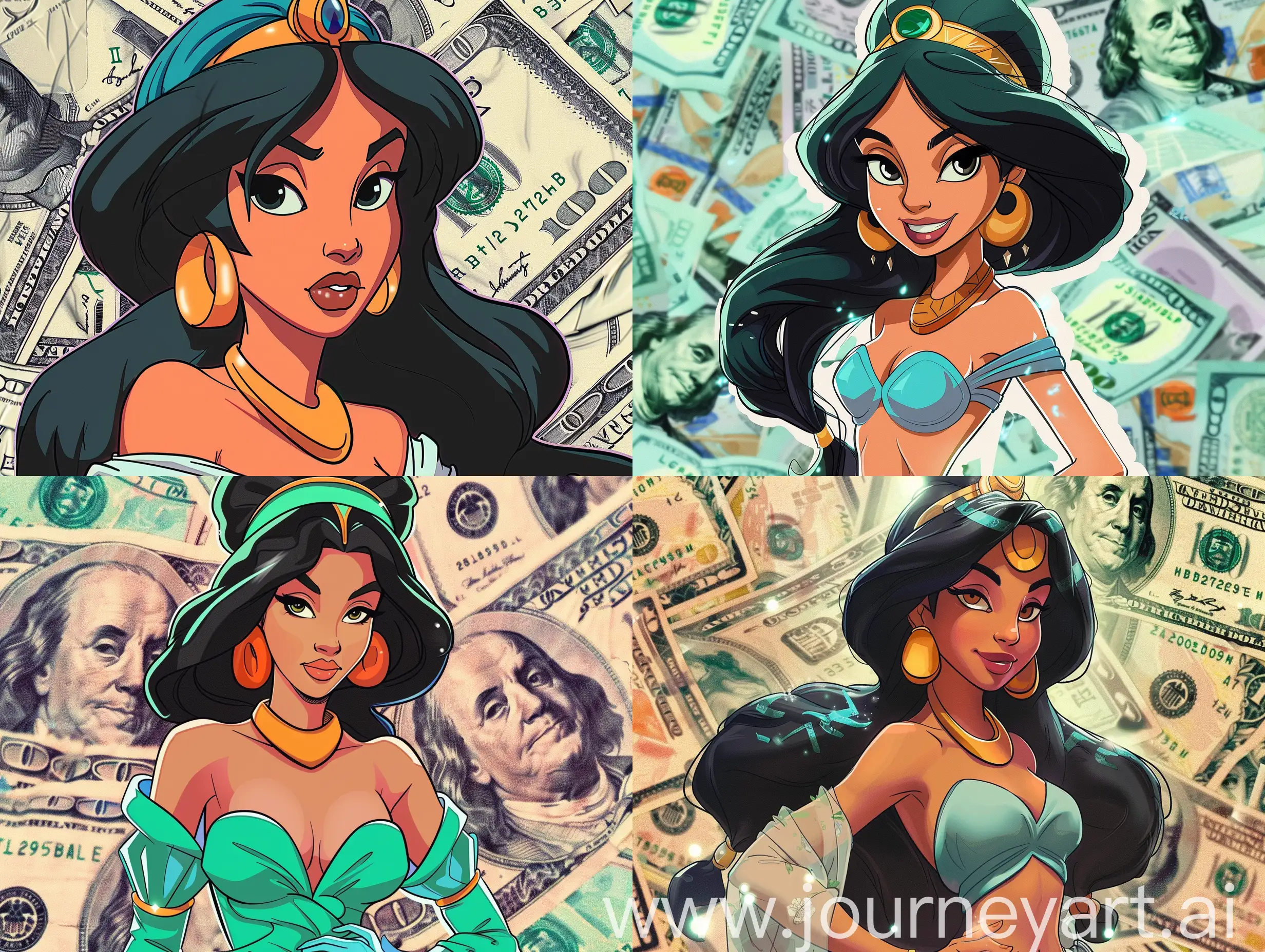 Принцесса жасмин в современном стиле, вокруг доллары, бренды, в нарисованном стиле