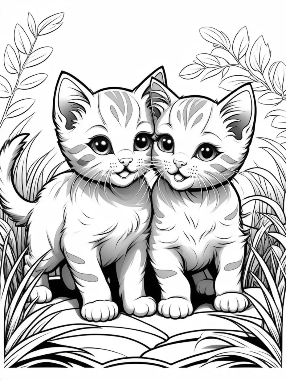 Colouring book for children, 2 cute kittens playing, cartoon style thick outlines, low detail, no shading,