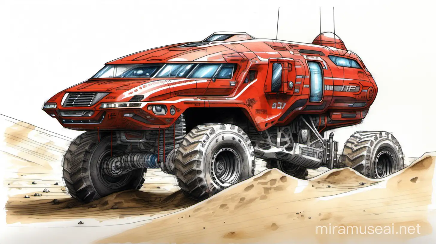 very detailed sketch of a red (futuristic:1.5) heavy off-road racetruck in deep sand on dune, hard sun, charcoal, marker and watercolour