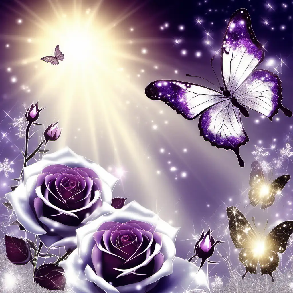 wintery background, white and dark purple bi colored roses, beautiful delicate butterfly, glitter, glowing, glistening, transparent sun rays shining down, linked hearts in the sky