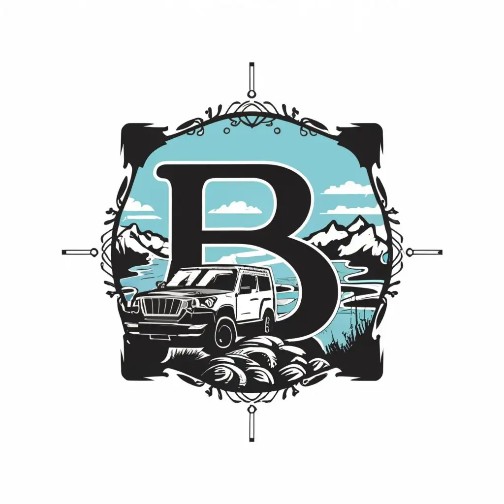 a logo design,with the text "B", main symbol:offroad travel SUV in the mountains near the sea, vector style, black and white, a lot of details,Moderate,be used in Travel industry,clear background