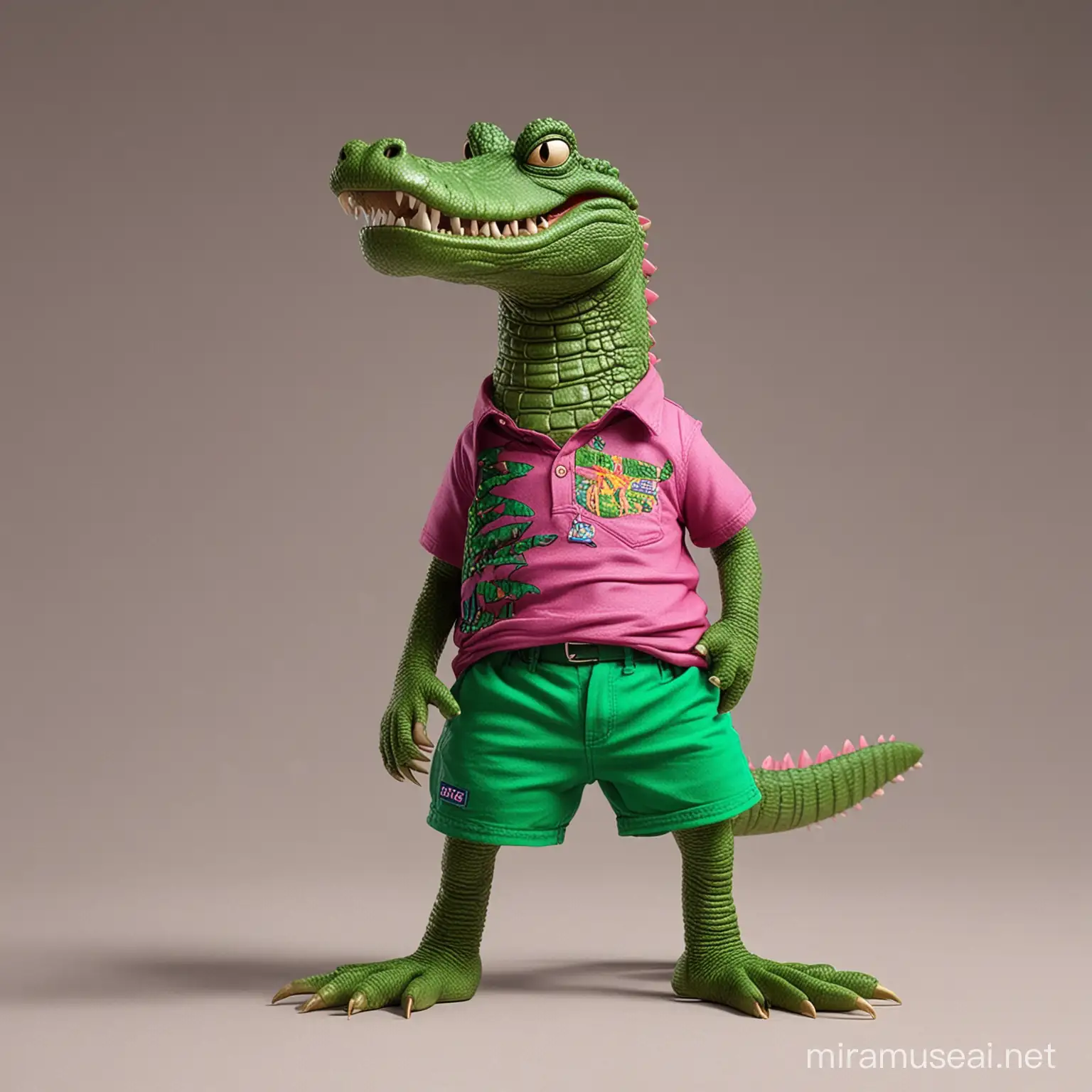 magenta crocodila wearing green shorts