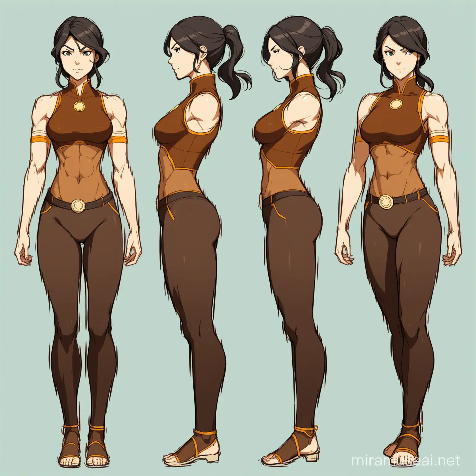 (multiple views full body upper body reference sheet:1) a female figure, tall, beautiful, toned body, slim waist, mature, playfull dynamic pose, in style of Legend of Korra, 4 poses