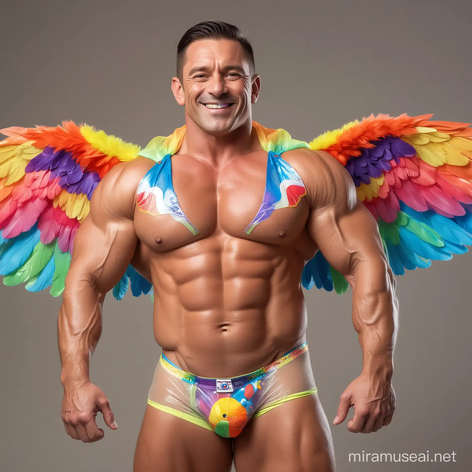 Ultra Beefy Bodybuilder in Rainbow Eagle Wings Flexing Arm with Doraemon